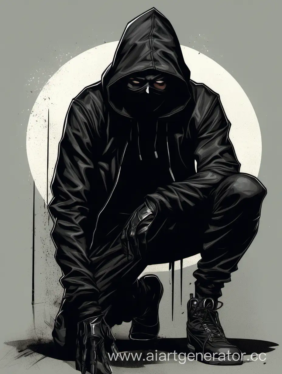 a young guy in a black hood and a black mask, kneeling, high detail