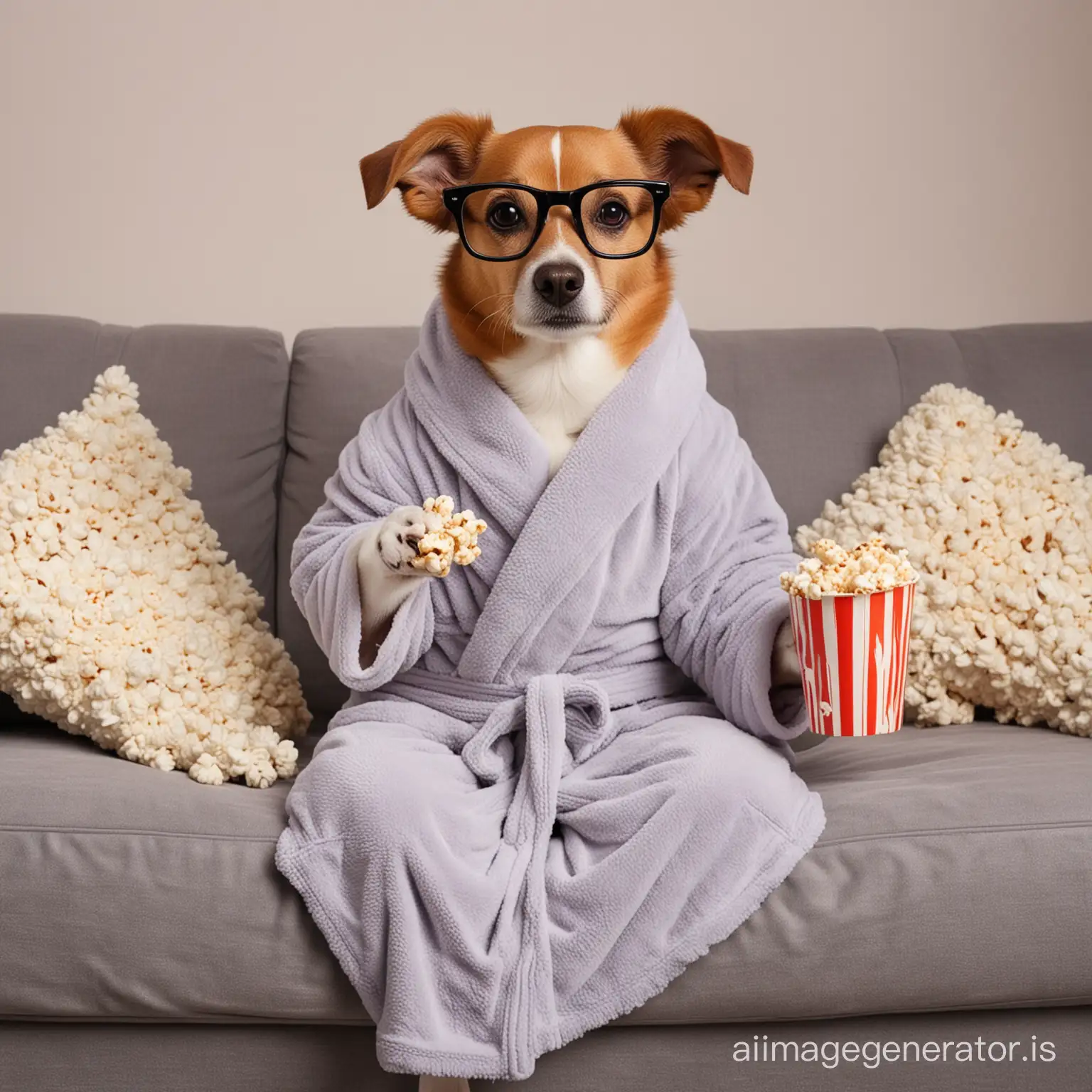 dog in a bathrobe with glasses and popcorn on a sofa
