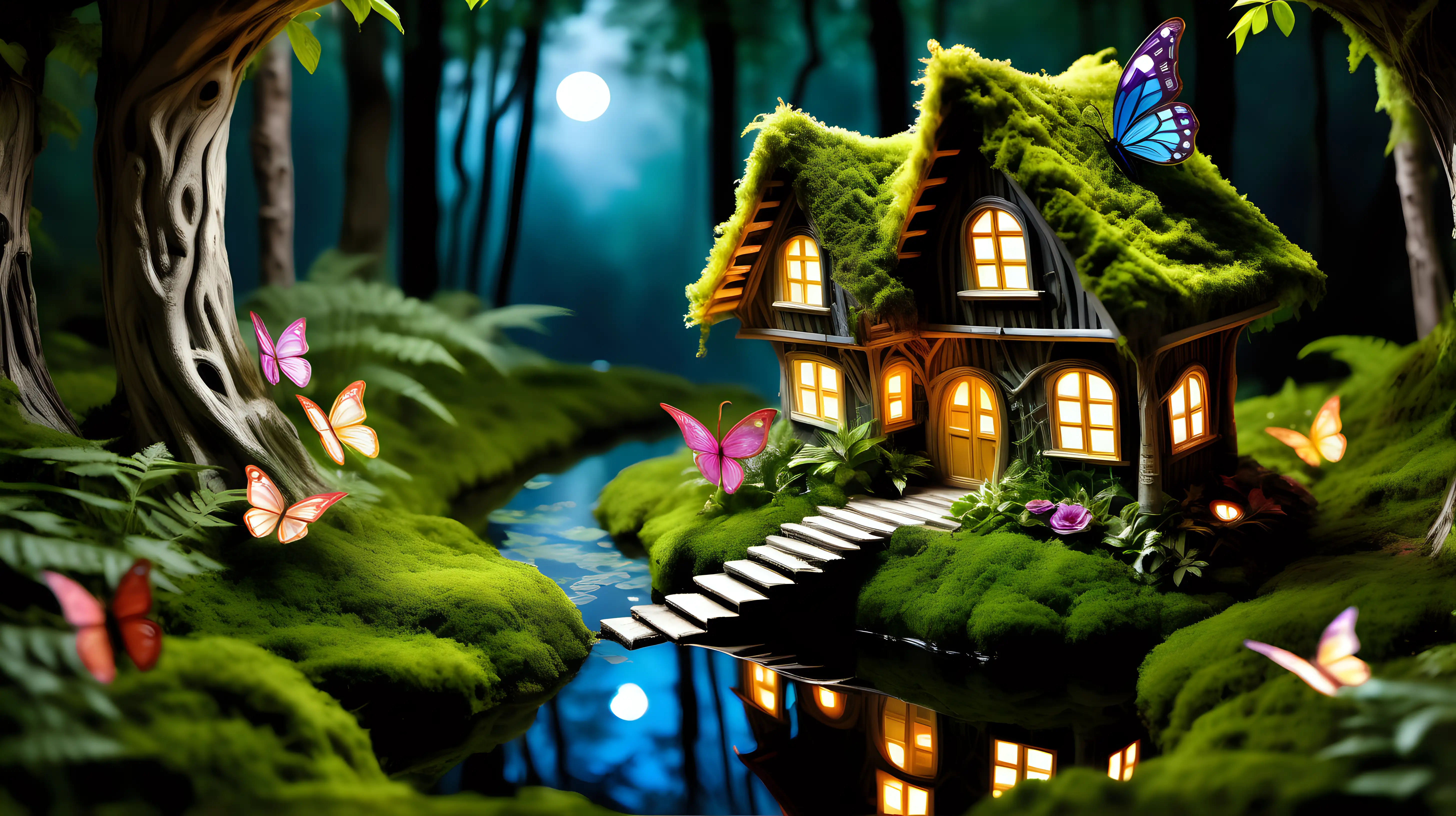 Enchanting Nighttime Fairytale Mystical Fairy House Amidst Woodland Sanctuary