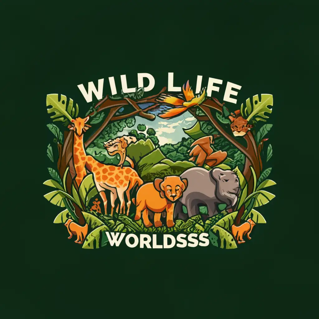 a logo design,with the text "wild life. worldsss", main symbol:a group of animals in the forest with a logo name has accurate clarity, forest background,Moderate,be used in Travel industry,clear background