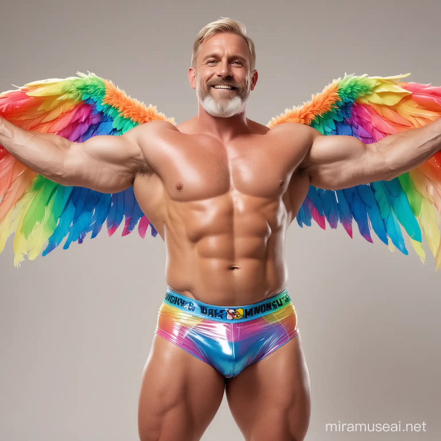 Topless 30s Thick Beefy Blond IFBB Bodybuilder Beard Daddy wearing Multi-Highlighter Bright Rainbow Coloured See Through Jacket with Eagle wings and Flexing Big Strong Arm with doraemon