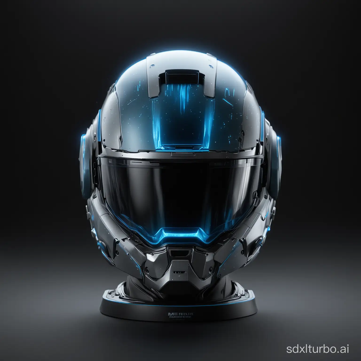 A solo helmet display, futuristic tech feel, exquisite lifelike details, interstellar style, blue-gray color, emitting a tech blue flame, 8K high-definition image, close-up side lens, no text, pure black background.