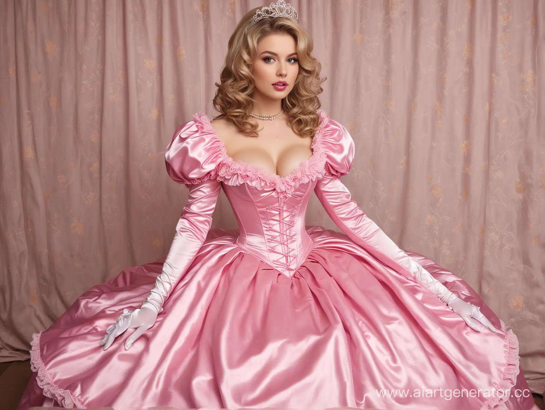 Regal-Princess-in-Pink-Satin-Dress-with-Steel-Corset-on-Silk-Bed