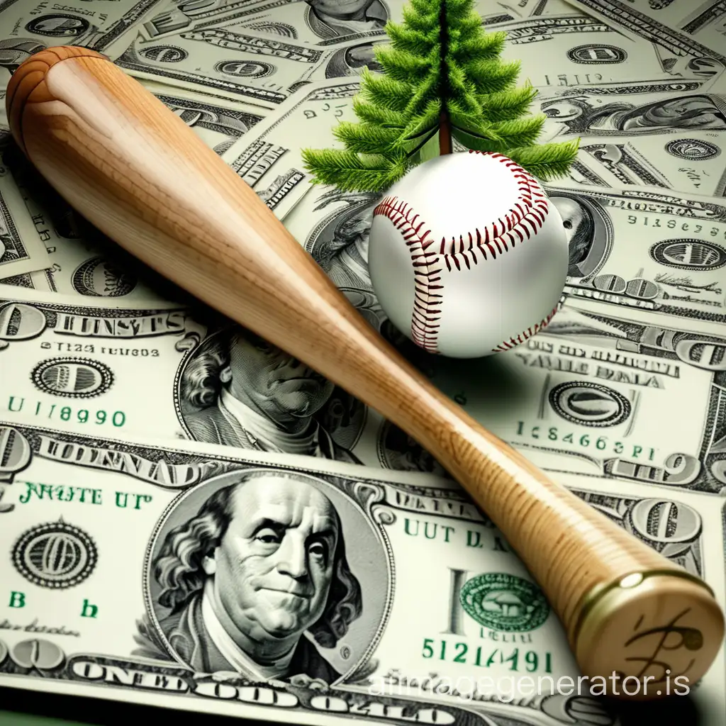 baseball bat and baseball, a dollar bill, the number 9999. the small tree. a nail