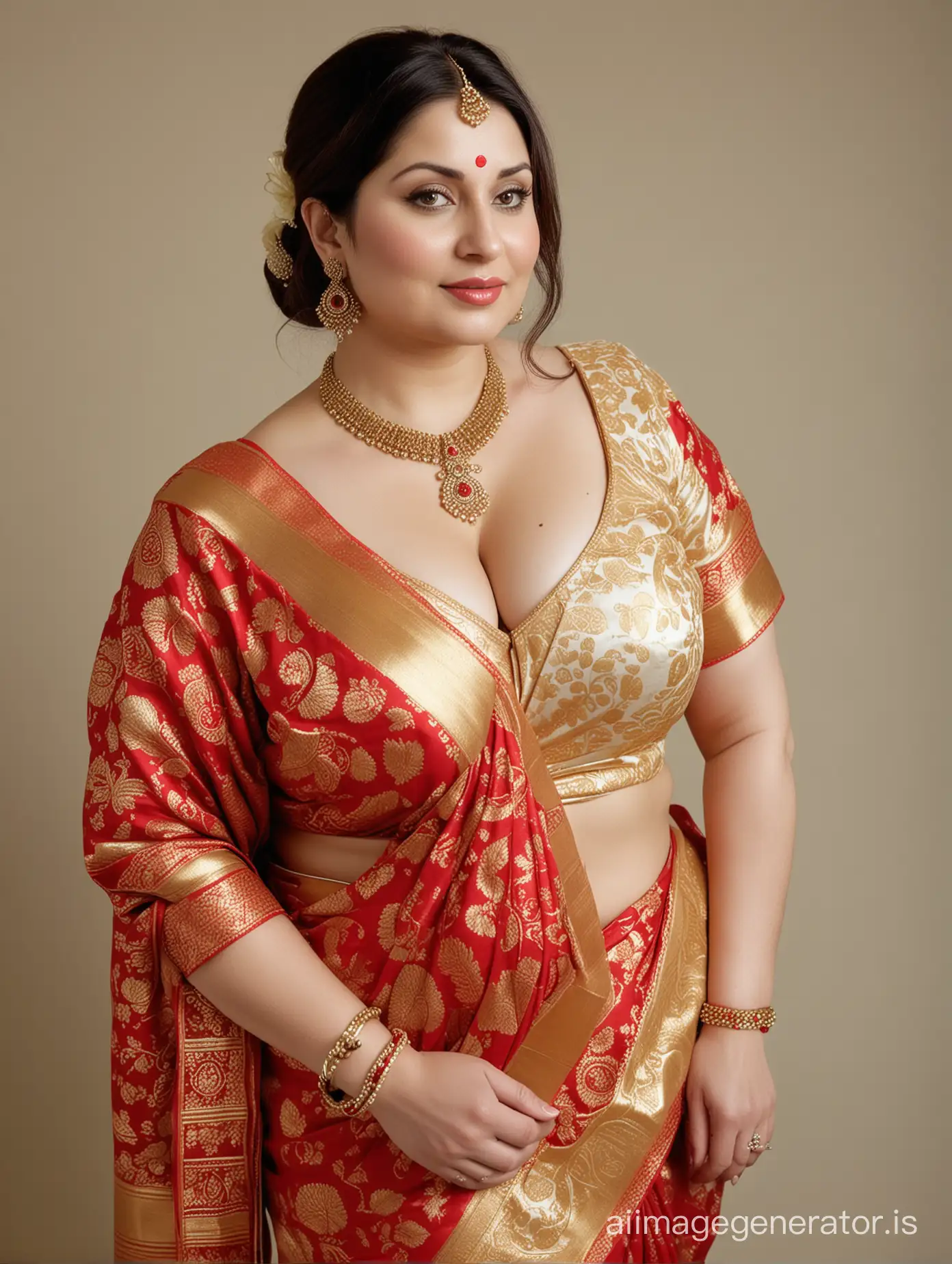 Generate full body  image of a 41 year old very busty breast , big thighs, big arm, big ass and curvy completely  American mature fatty chubby fair white skin woman wearing banarasi saree and wearing sindur in forehead and red and white bangles in hand and wearing gold necklace with gold jewelry