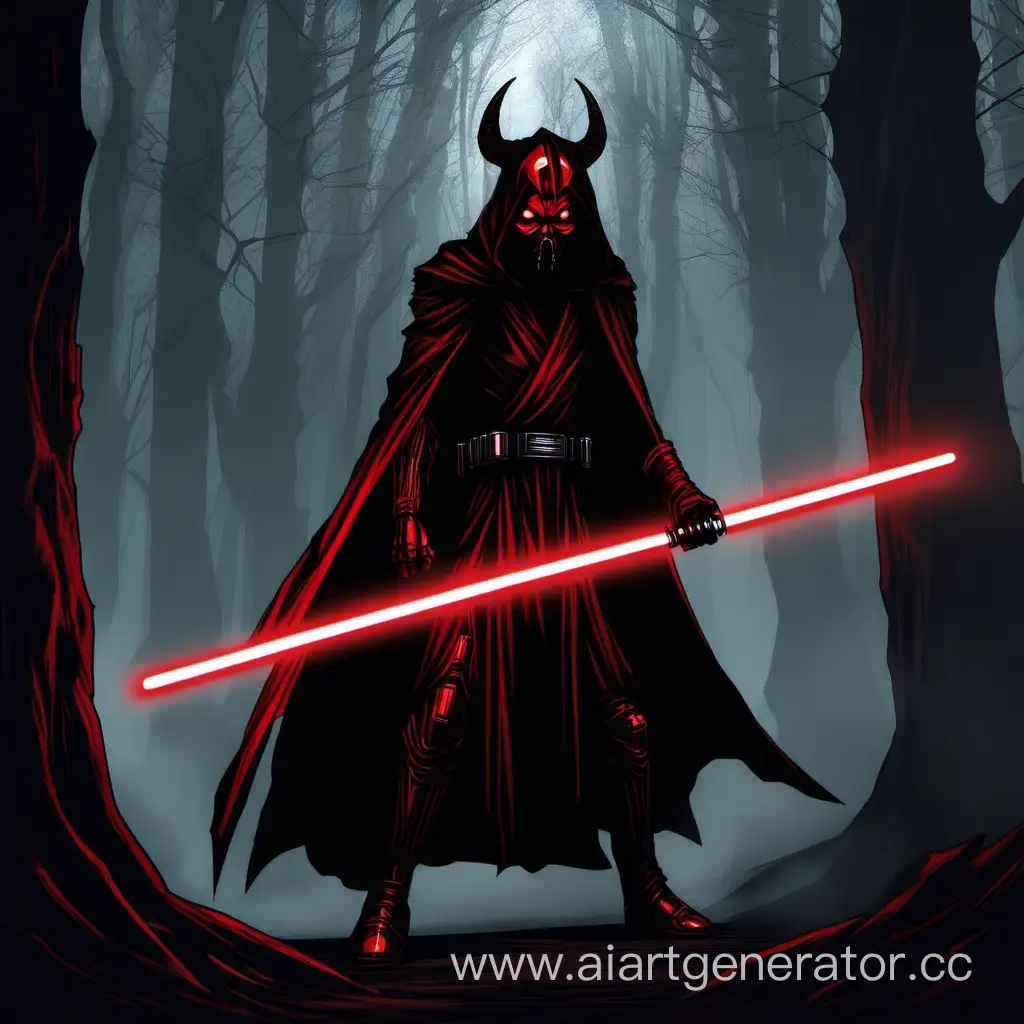 Vengeful-Sith-Warrior-with-Red-Lightsaber-in-Dark-Forest