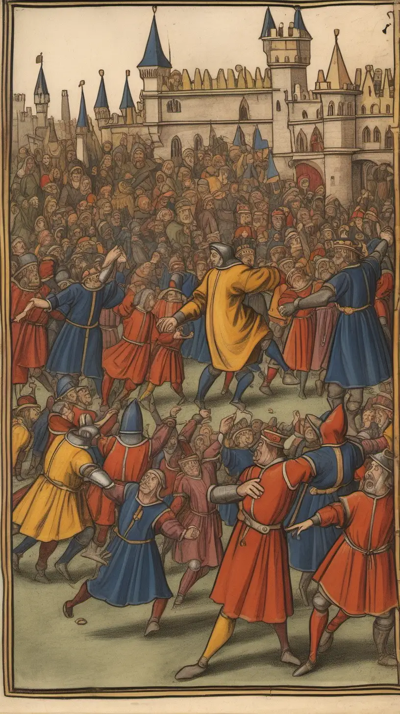 Medieval Officials Controlling Dancing Crowd Historical Governance Amidst Festivity