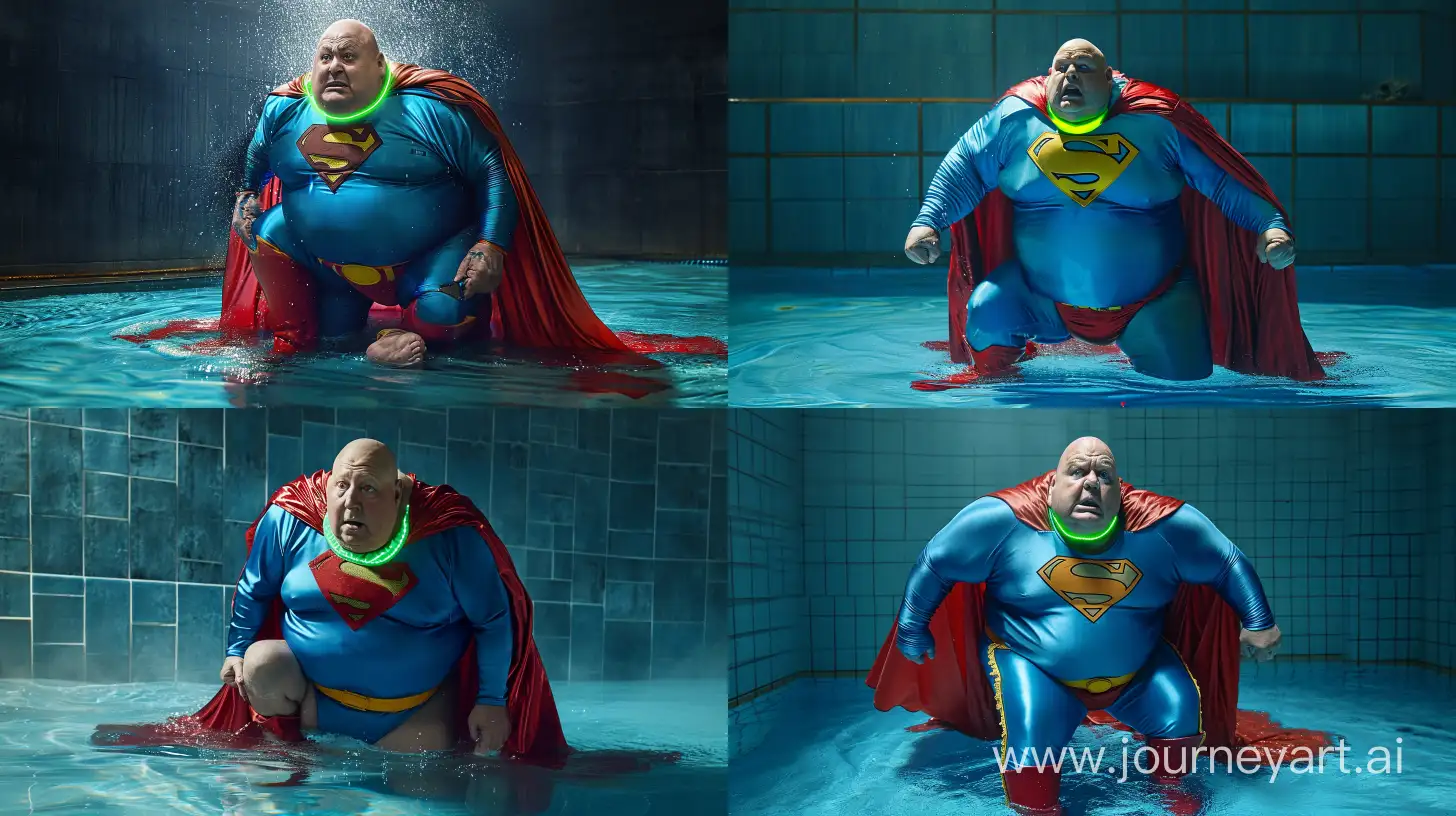 Portrait photo of a chubby man aged 70 wearing a wearing a silky blue superman costume with a large red cape, red boots, blue shirt, blue pants, yellow belt and red trunks. He has a glowing green collar around his neck. He is crawling on all four in a swimming pool and fearful. Bald. Clean Shaven. --style raw --ar 16:9 --v 6