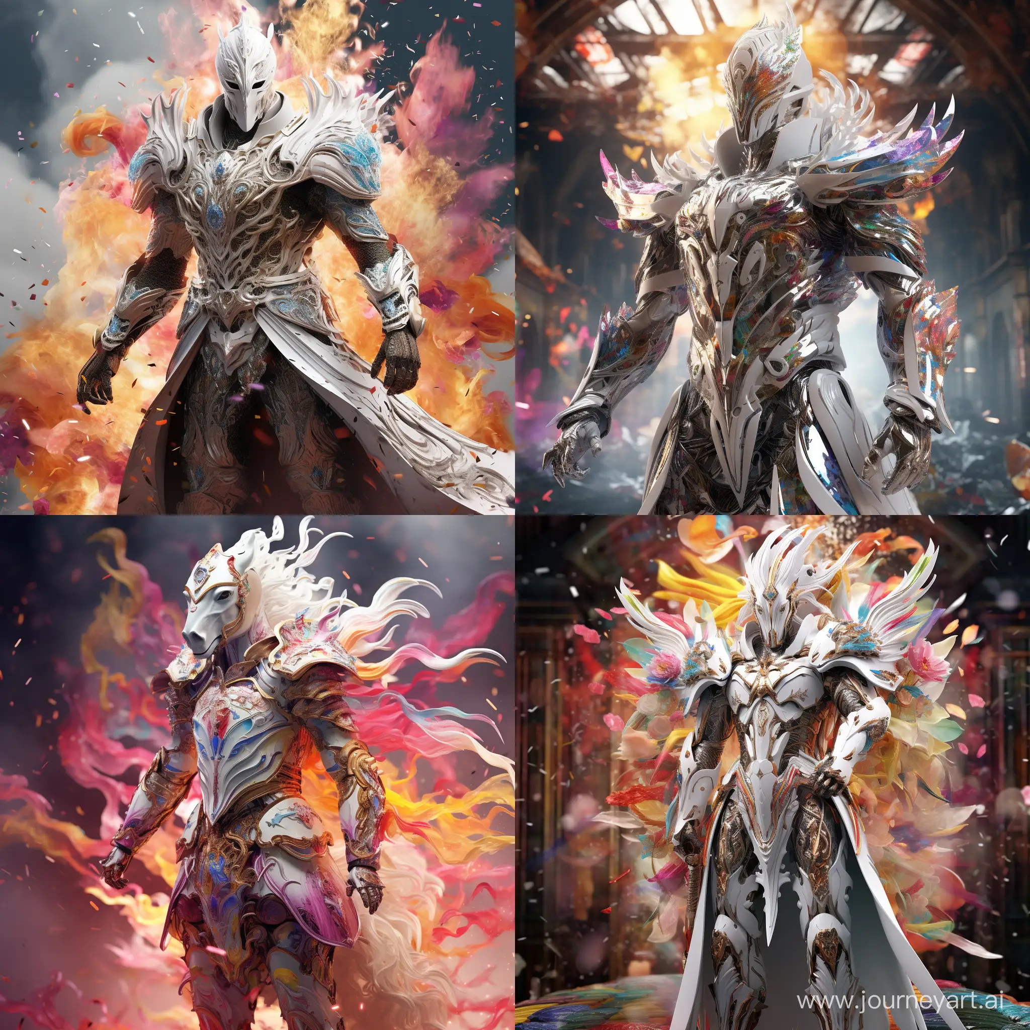 Explosion of colors, a white knight in interesting unusual magic armor stands in full height, fantasy style, abstraction, V-Ray