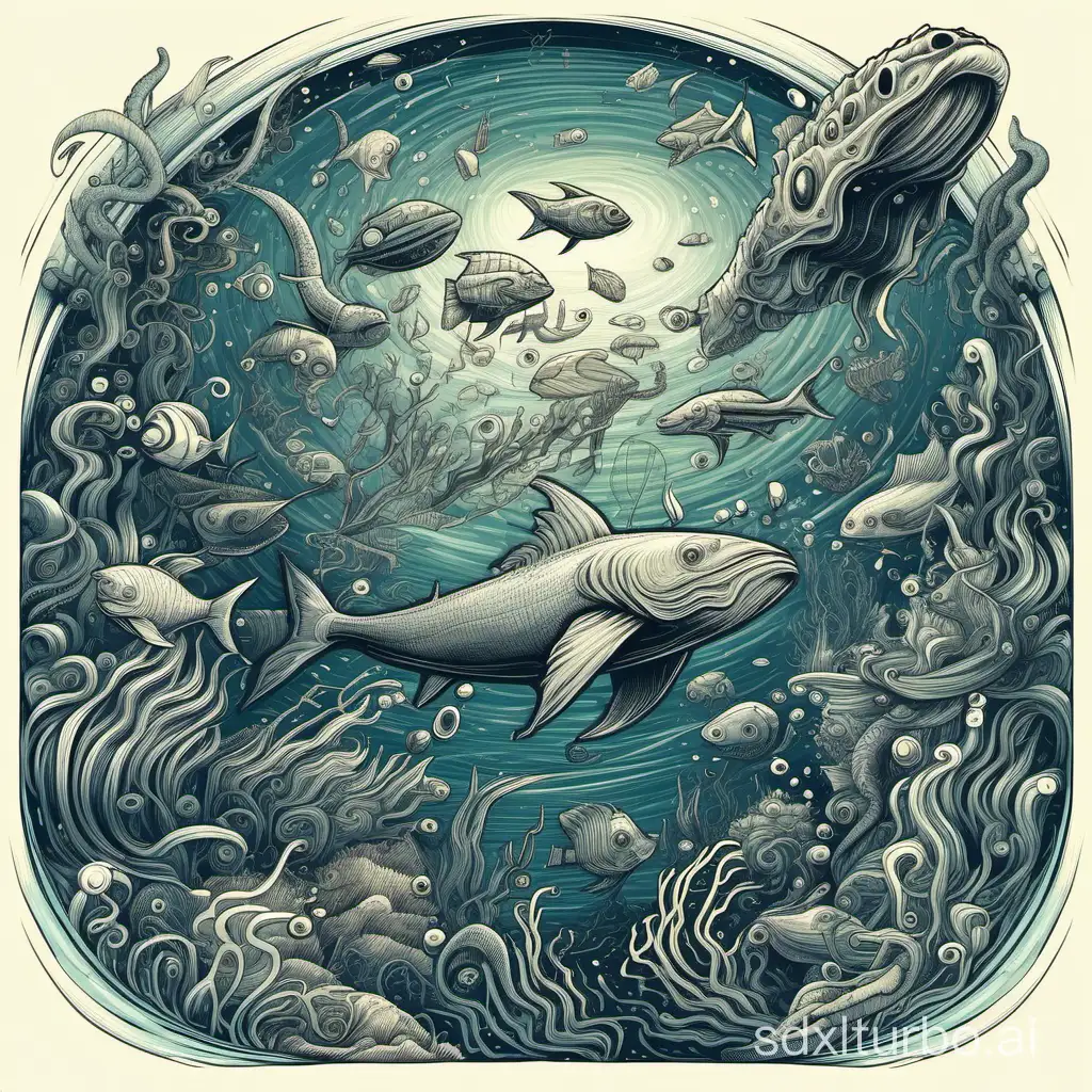 Deep sea, science fiction, high-definition, imagination, multiple elements, animals, hand drawn style