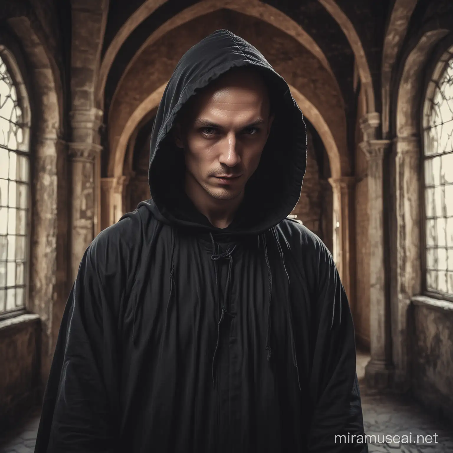 Sinister Portrait of Bald Zealot in Black Hooded Robe within Castle Setting