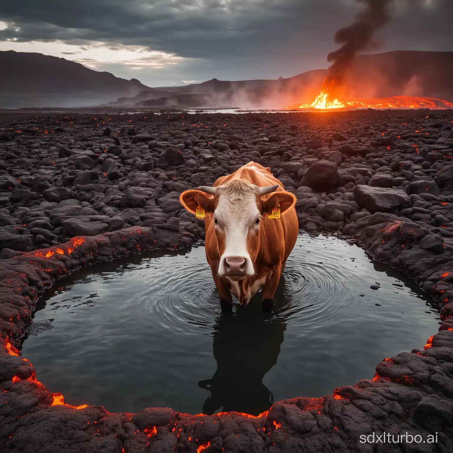 a cow bathing in a lake of lava on the sun