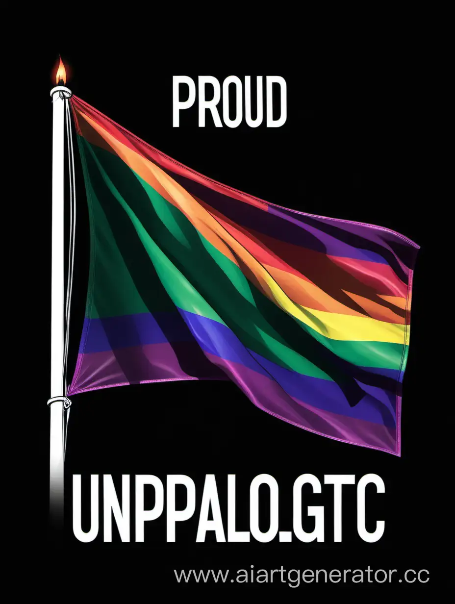 "Proud and unapologetic" with a pride flag incorporated into the design, on black background 