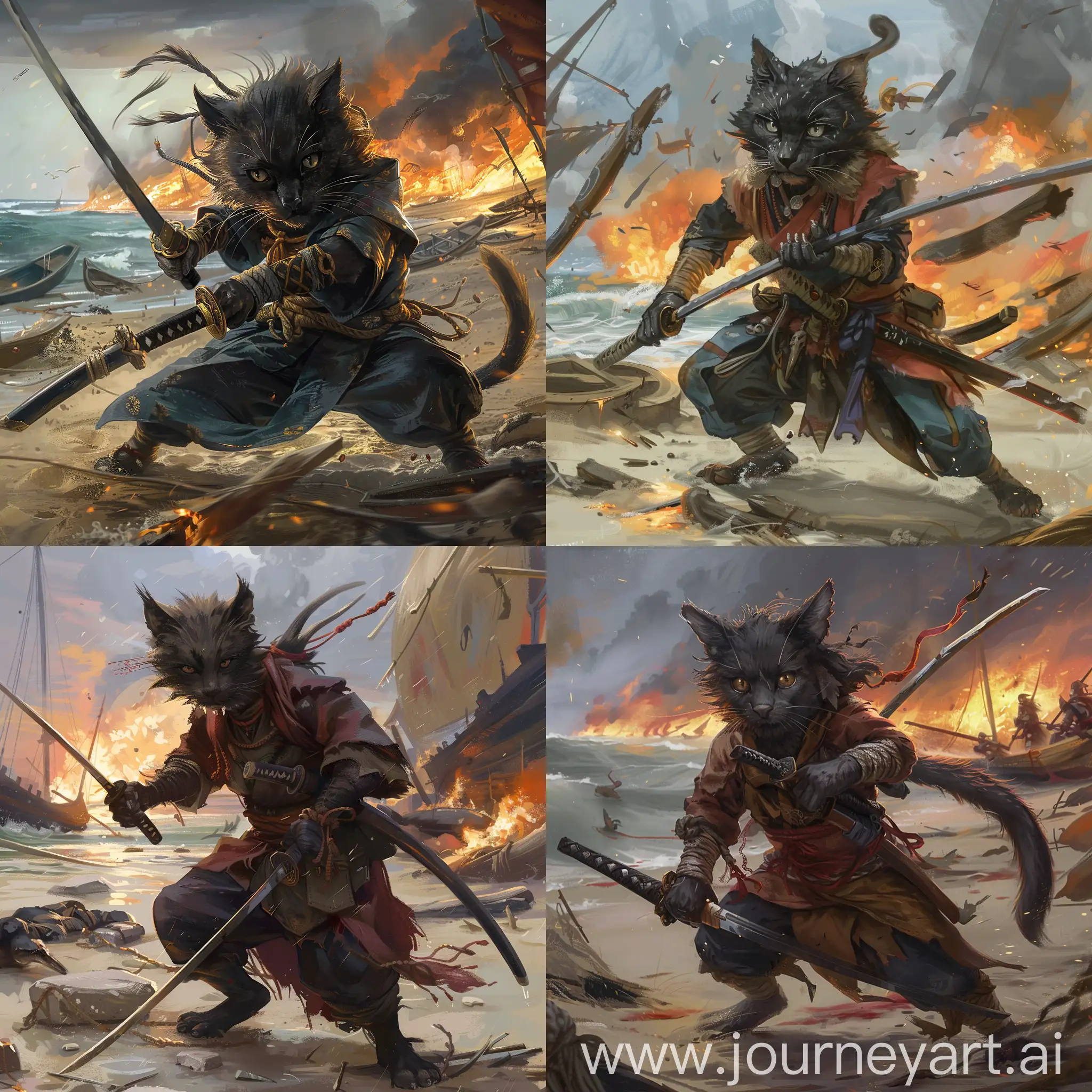 Determined-Black-Tabaxi-Ronin-with-Katana-on-the-BattleScarred-Beach
