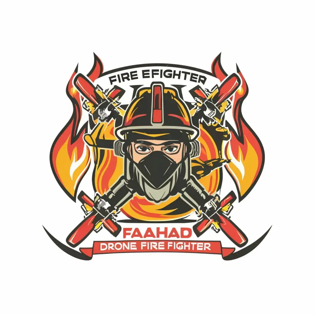 a logo design,with the text "FAHAD Fire Fighter", main symbol:a logo design,with the text "Fahad, Drone Pilot, Fire Fighter", main symbol:Drone, Pulaski, helicopter, fire fighter,complex,clear background,Moderate,clear background