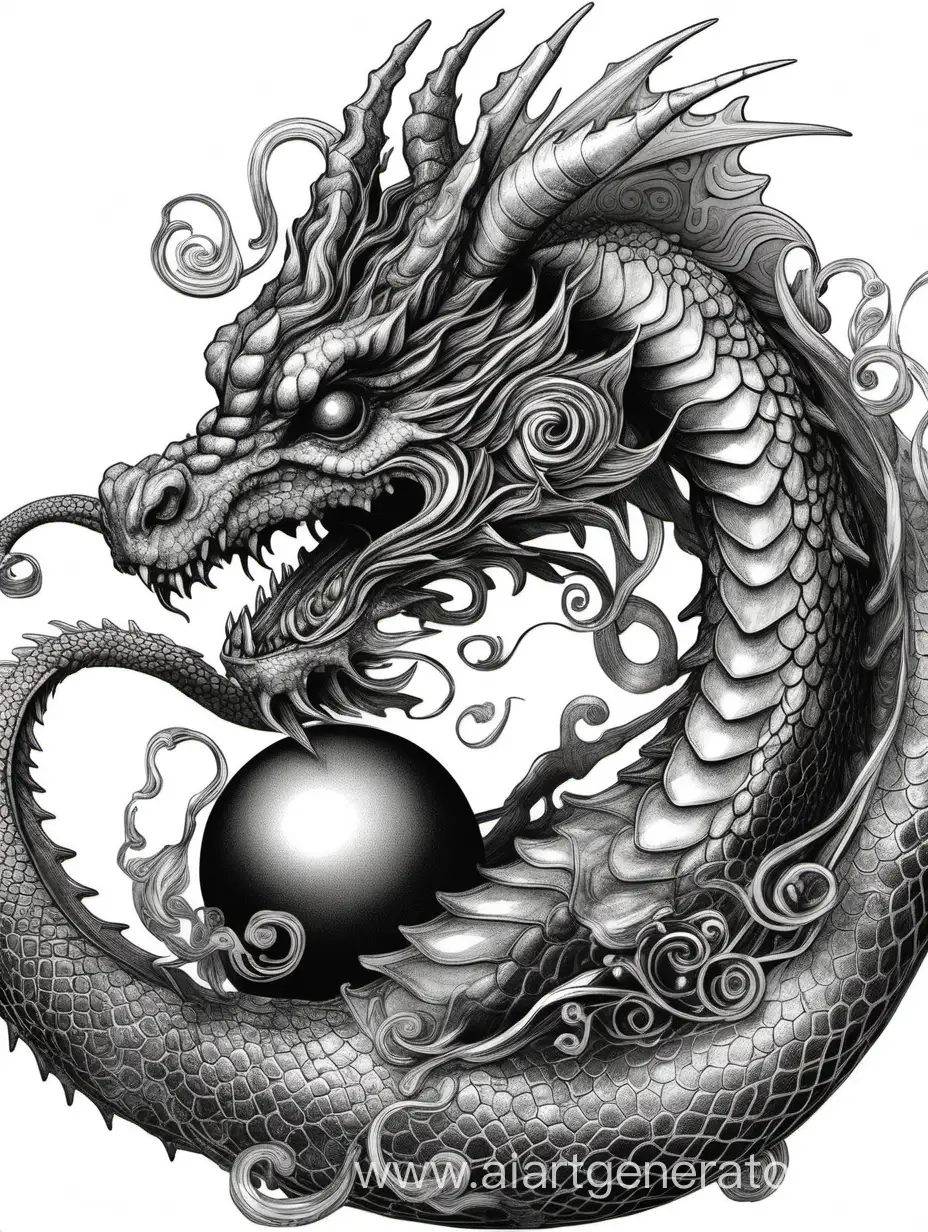 Gentle-Dragon-Playing-with-a-Black-Pearl-in-Captivating-Monochrome-Art