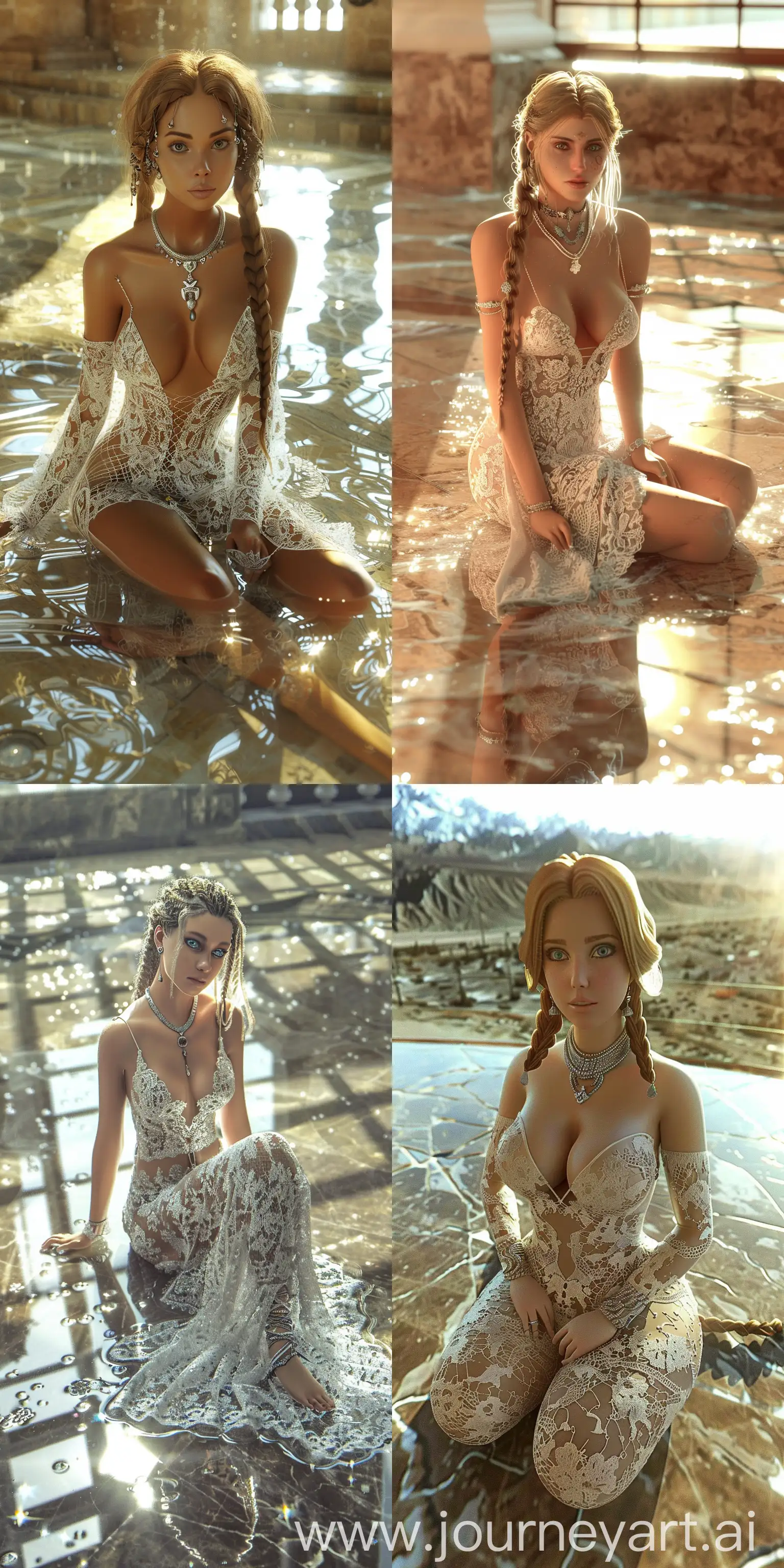 A woman wearing a lace low cut dress and silver jewelry, sitting pose, on a glossy marble floor, braided hair, in the style of zbrush, charming anime characters, intricate embellishments, i can’t believe how beautiful this is, realistic hyper-detail, culturally diverse elements, realistic sun light --w 3 --c 5 --ar 9:18