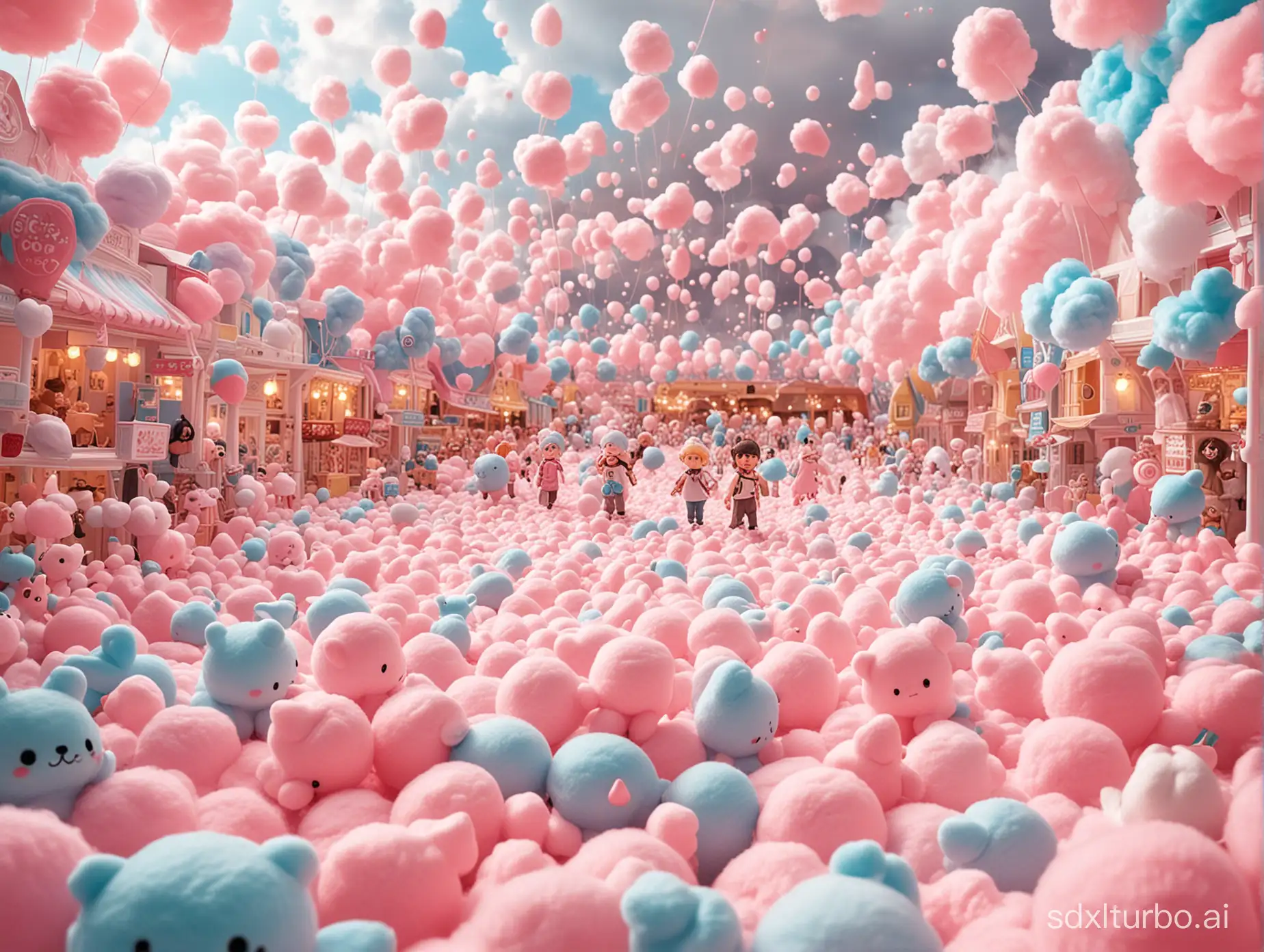 A world filled with cotton candy, adorable, so cute it's exploding, bouncy, with lots of figurines.