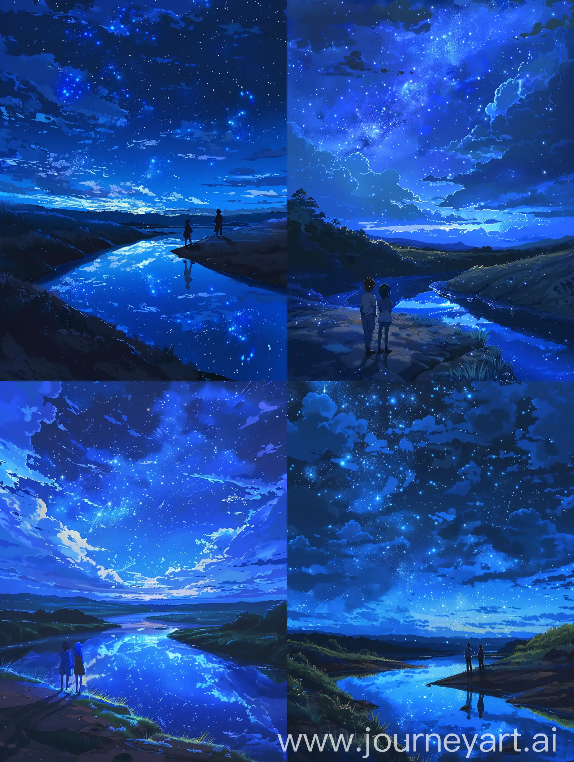 Anime style,a realism touch but Still stylized,a little bit touch of Ghibli Studio style,a little but touch of painting Proffesional style,high sharp textures of makato shinkai style but with a mix of a little bit of ghibli style,aesthetic touch,Beautiful celestial blue night,Two persons viewing the beautiful sky,the celestial blue night has spread the blue color all over,the environment is kissed by the blue night,beautiful celestial sky,beautiful view,best view,its a beautiful place its a flat hill surface with just a very little grass and very few trees and a small river reflecting the beautiful celestial night,avoid distorted and bad view of the person and their face,avoid a bad view,avoid bad body view and distorted view of the person,there are no clouds sky is filled with beautiful stars,galactic night sky,aesthetic anime sharp detail,the river is ver small just on the side,the night should be fully view a galactic night.