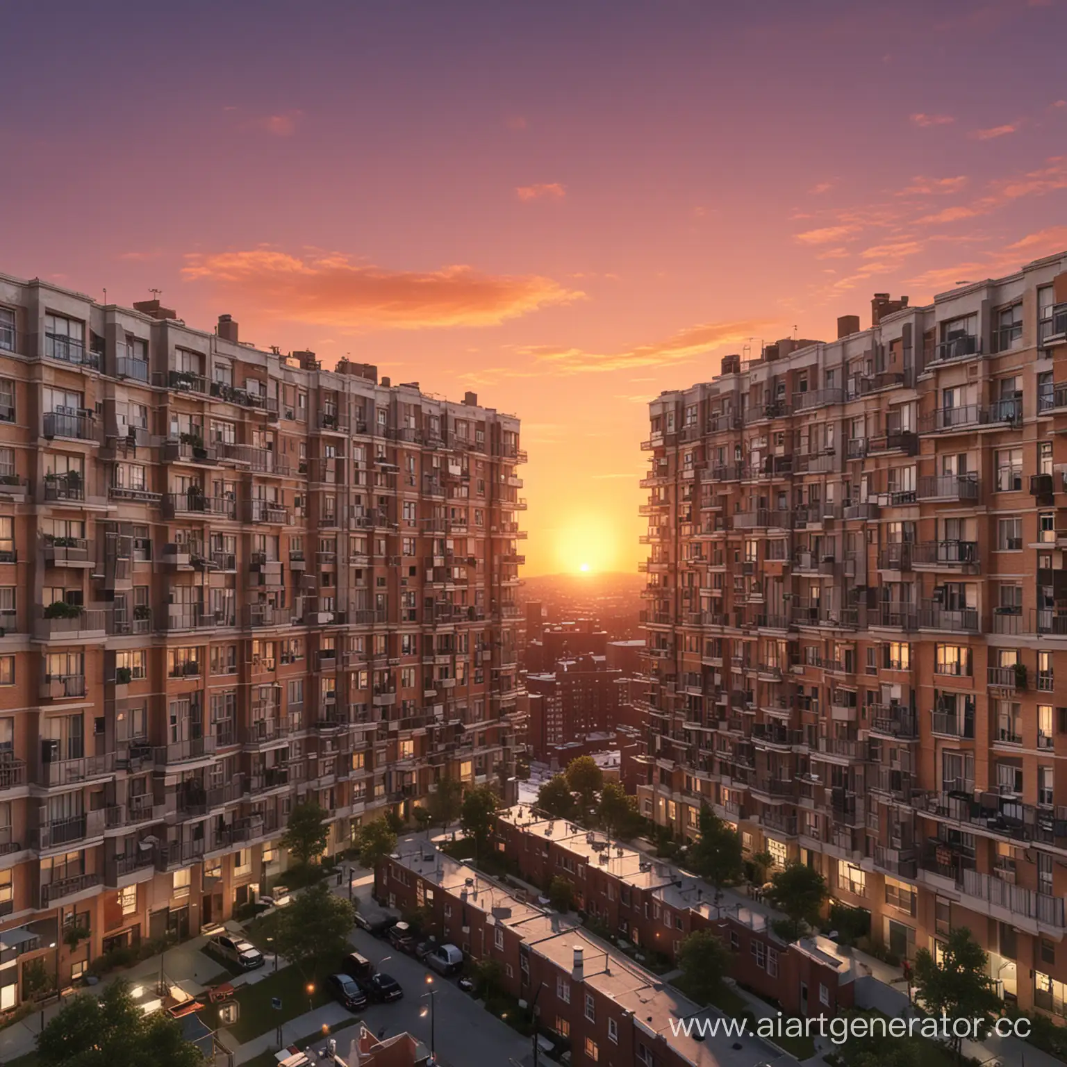 Urban-Sunset-Parallel-MultiApartment-Buildings-in-Evening-Glow