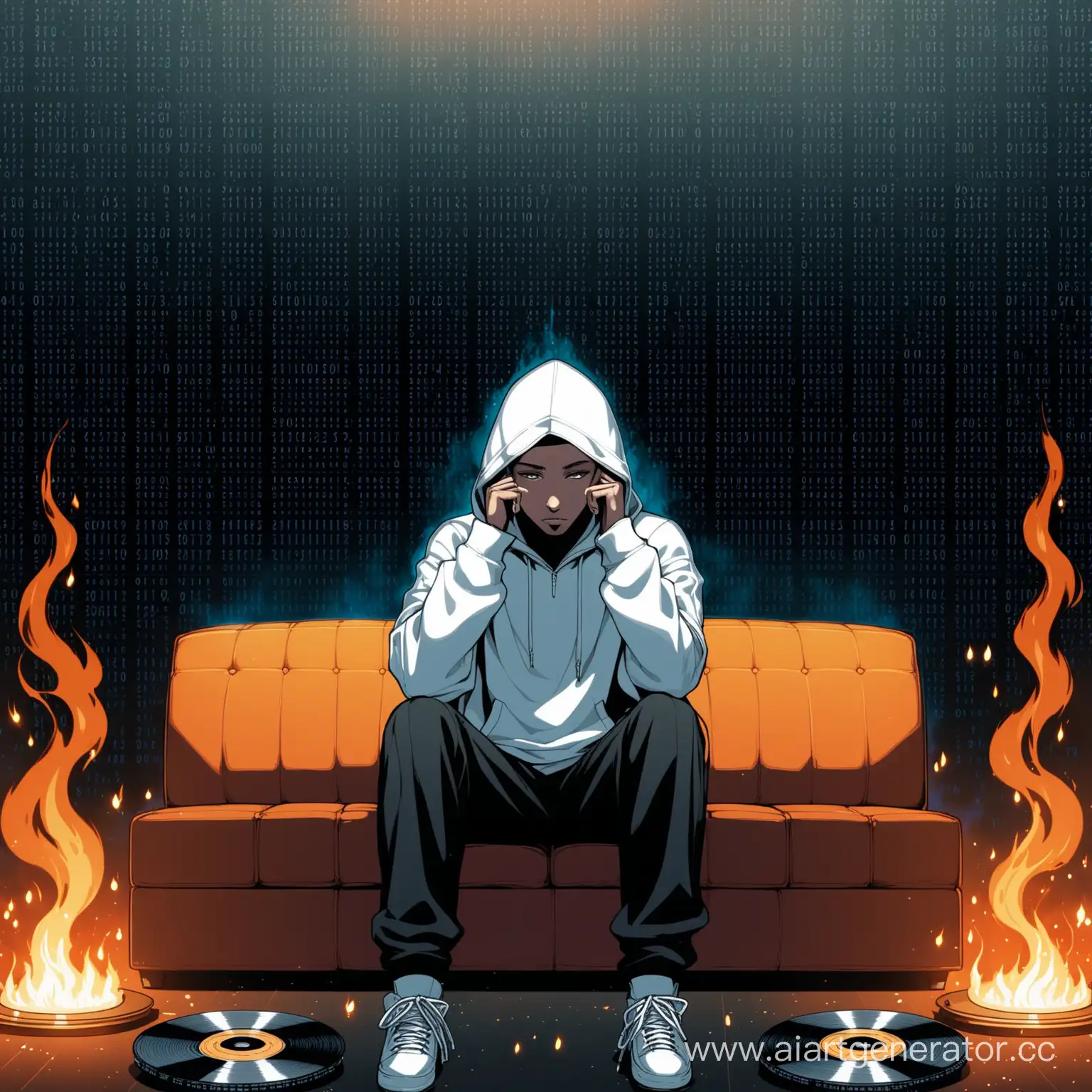 белый рэпер в капюшоне сидит на диване, на заднем фоне стены из двоичного кода, перед рэпером стоит урна с горящими дисками песен