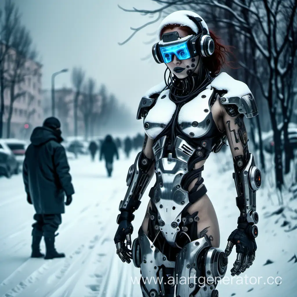 Russia cyberpunk, the future, winter, depressive atmosphere, snow, people with cybernetic prostheses