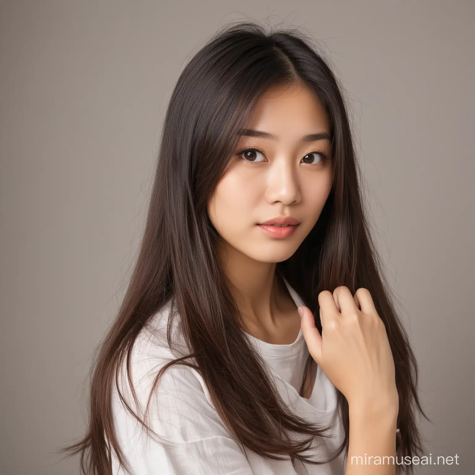 Elegant Young Asian Woman with Flowing Long Hair