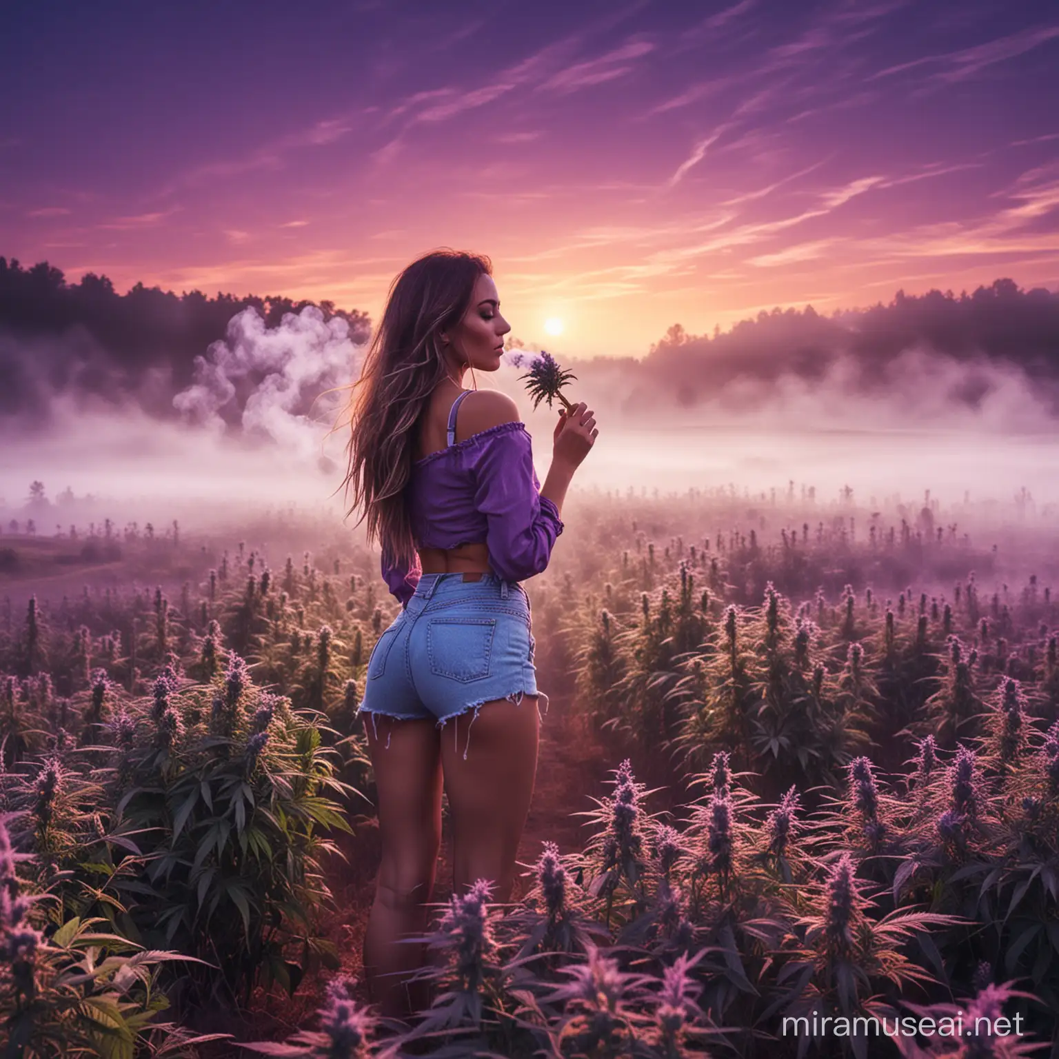 marijuana fields, purple sky, beautiful woman in the field, fog, smoke, chill
