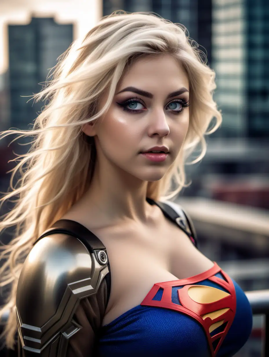 Beautiful Nordic woman, very attractive face, detailed eyes, big breasts, dark eye shadow, messy blonde hair, daughter from krypton cosplay costume, extremely close up, bokeh background, soft light on face, rim lighting, facing away from camera, looking back over her shoulder, standing in front of the city, photorealistic, very high detail, extra wide photo, full body photo, aerial photo