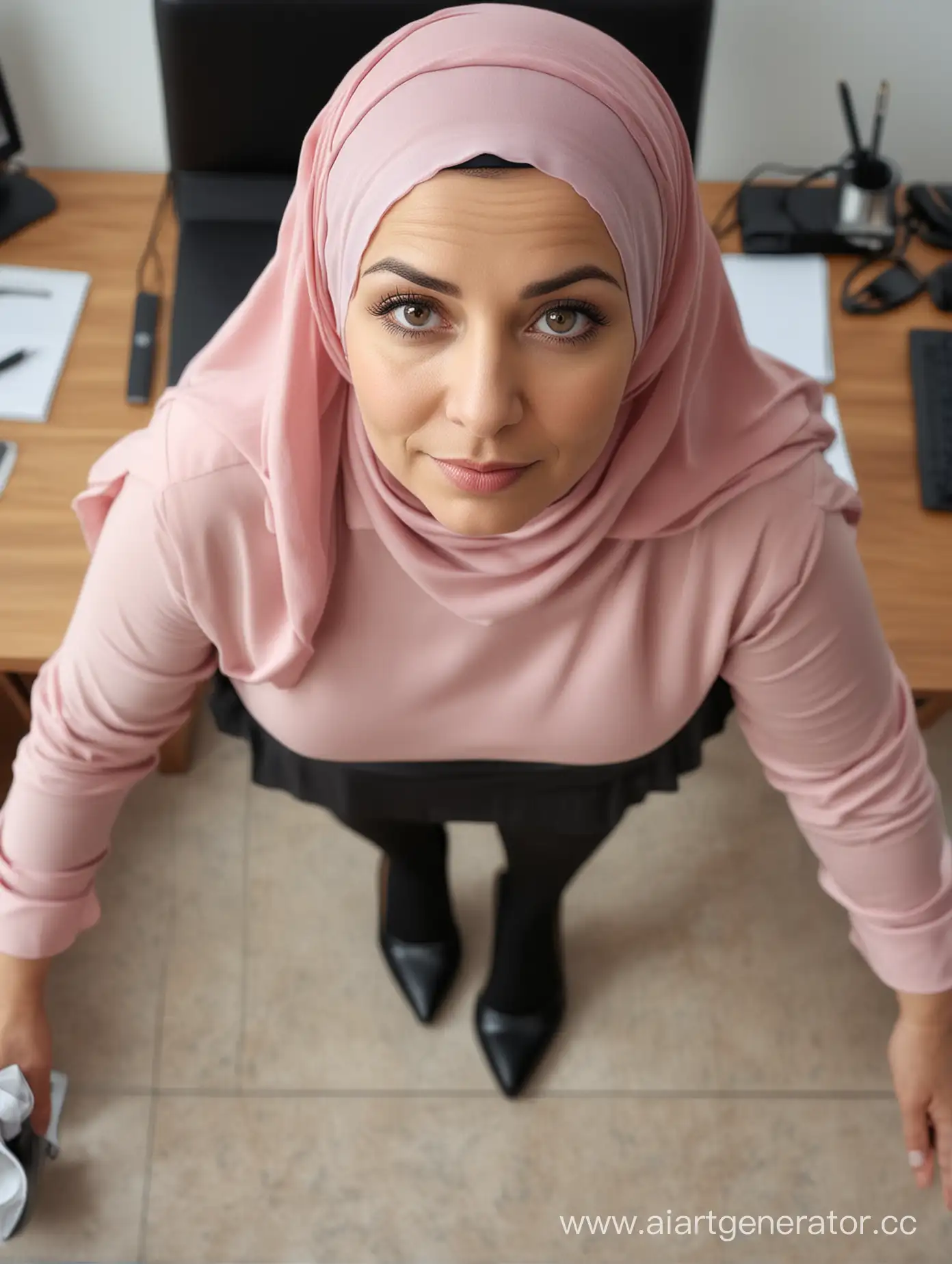 A dwarf woman. 60 years old. She wears a hijab, pencil skirt, black opaque tights, high heels. Office. Make up. Plump body. Curvy body. Her height is 130cm. Close pov shot. Close up. From above. Near the computer table. She has different face. She is granny. Wrinkled face. American. She extends her hands to the viewer. 8k sharp.