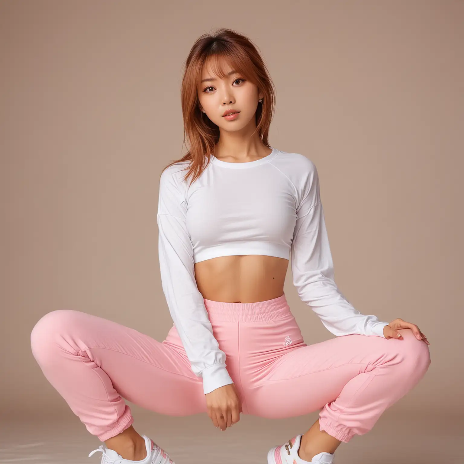 Japanese girl with caramel-colored medium length hair, big amber eyes, white top, pink yoga pants, white sneakers, posing at her back 