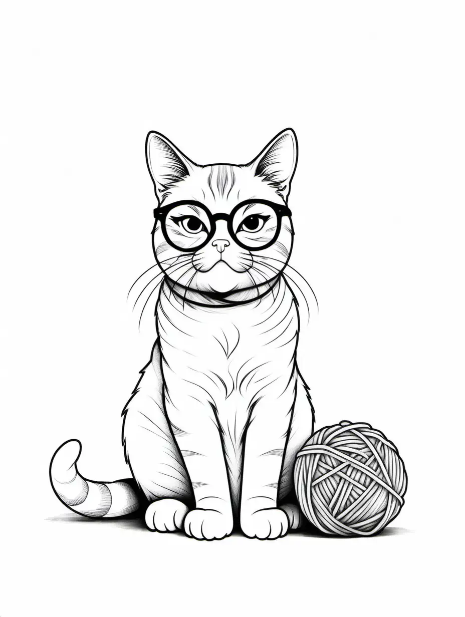a coloring image of annoyed cat with glasses, ball of yarn, minimalistic black and white , white background, colouring page 
