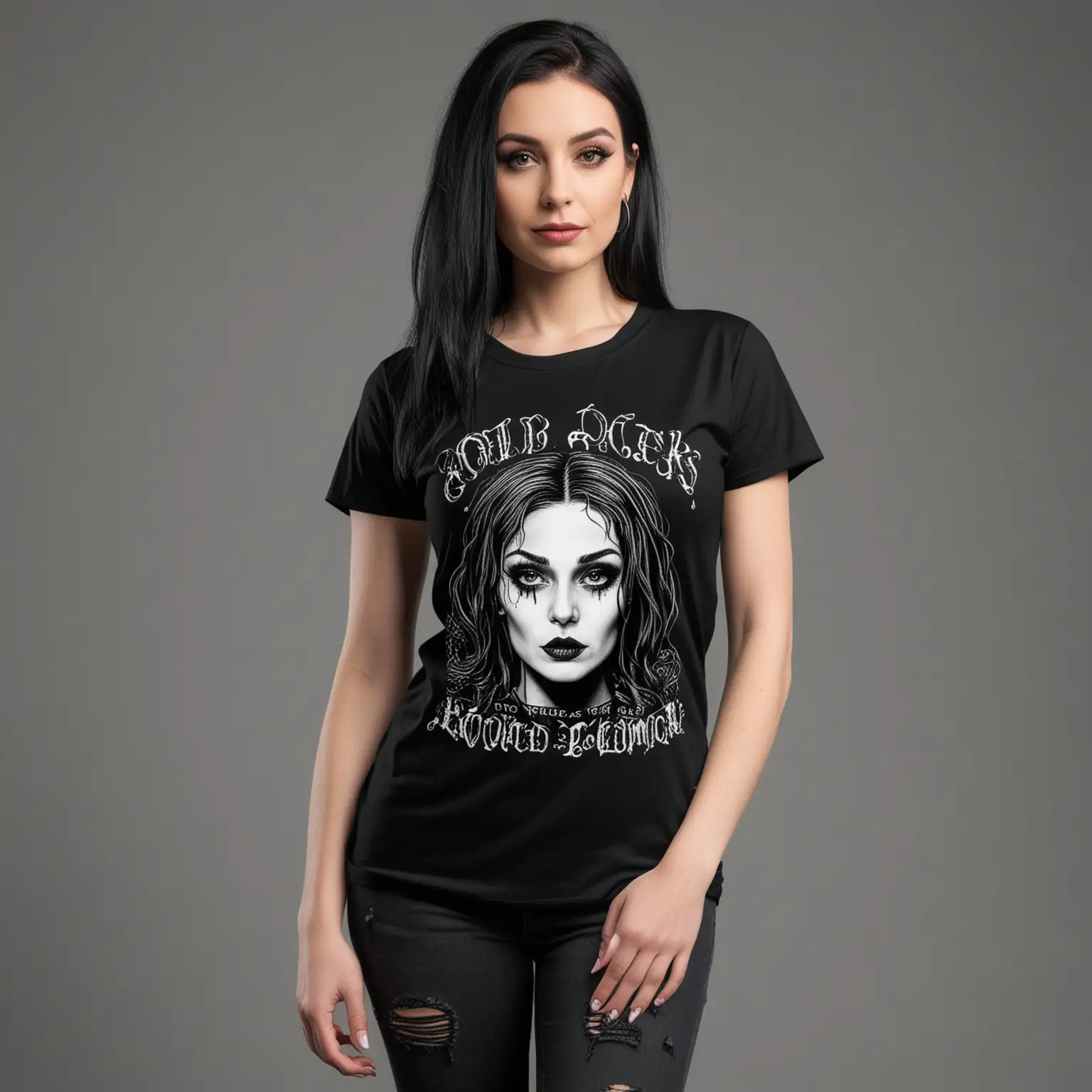 mockup for a black tee.  the model should be female and look like a goth mom