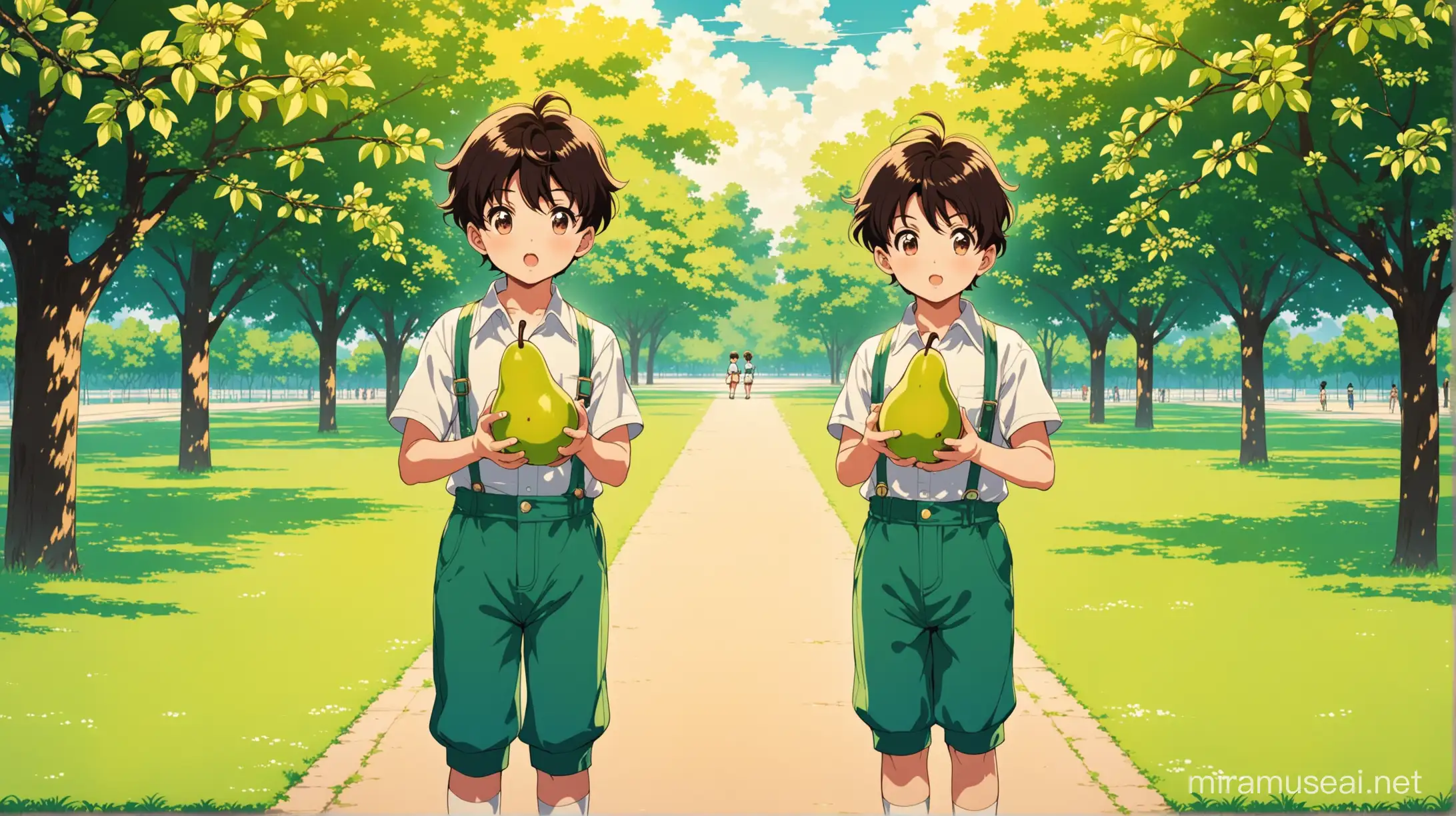 two twin boy children are holding pears in a park. vintage anime.