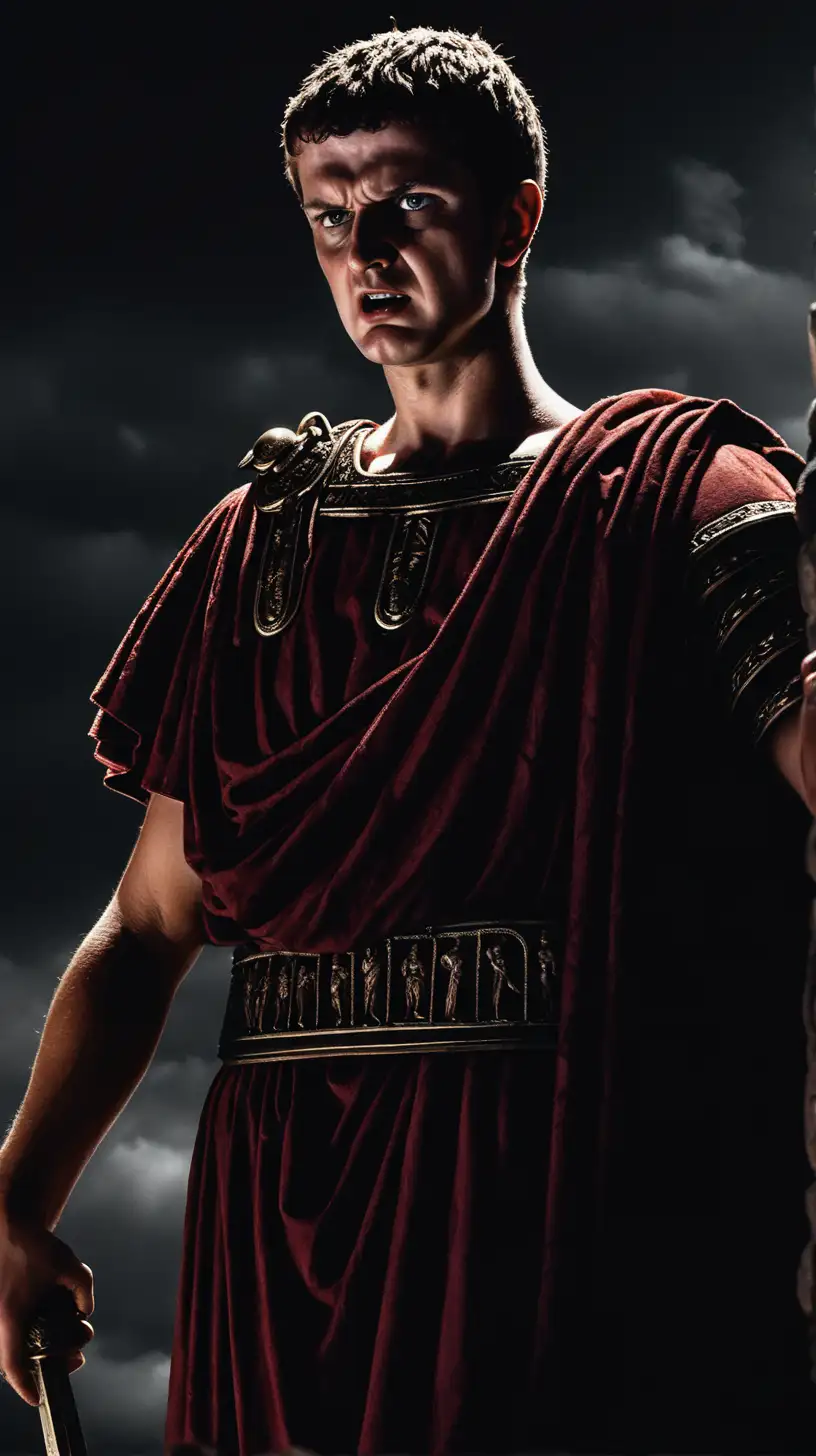Roman emperor Caligula is angry and the picture is dark
