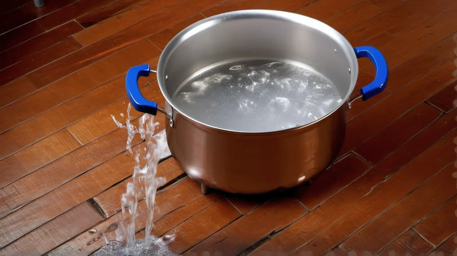 BOILING POT WITH WATER ON WOOD FLOOR
