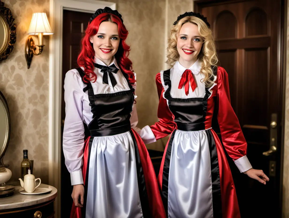 girls in long crystal silk satin red black,lila retro victorian maid gown with white apron and peter pan colar and long sleeves costume and milf mothers long blonde and red hair,black hair rachel macadams  smile in hotel
