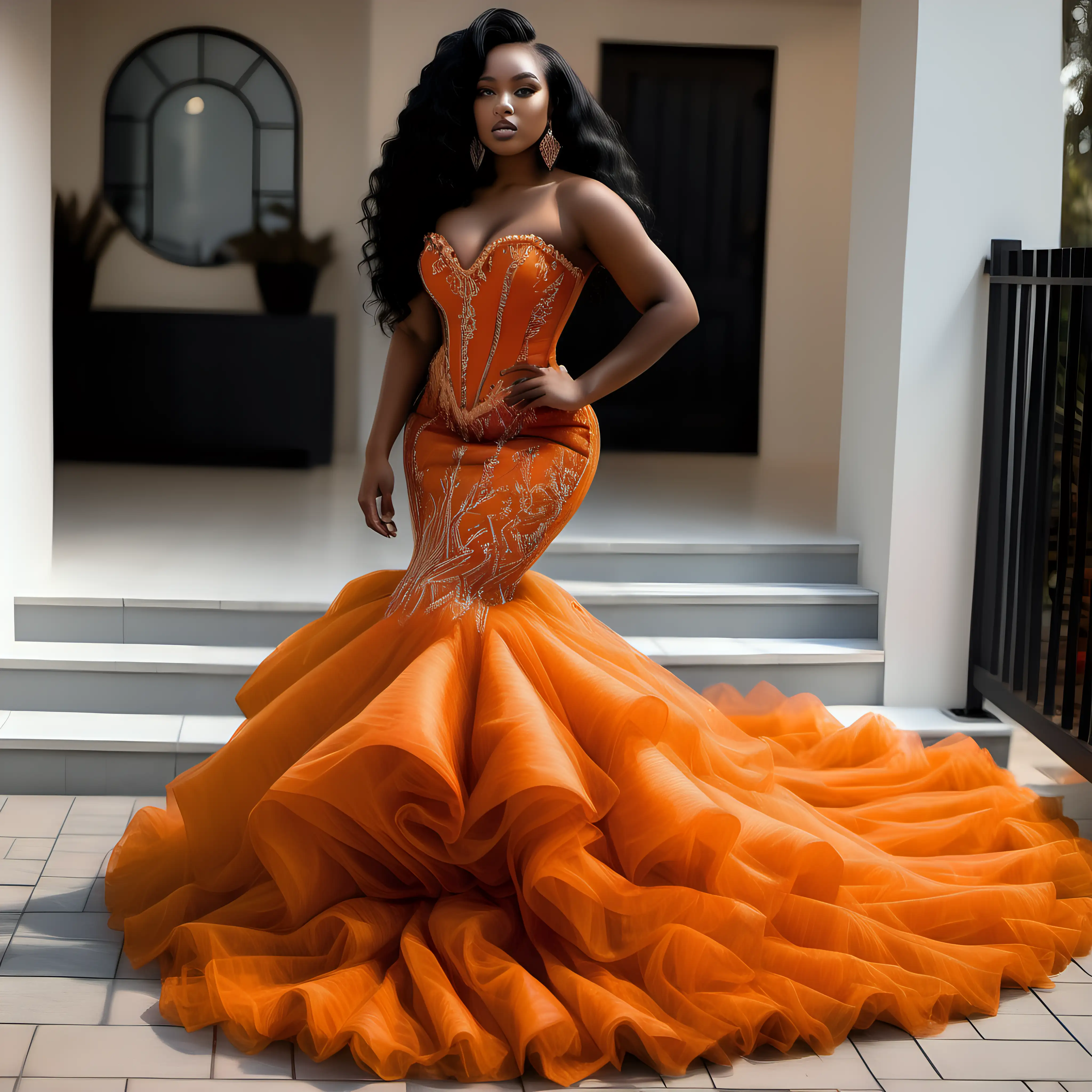 Beautiful black woman in burnt orange corset mermaid prom dress with puffy train made with beaded lace fabric 