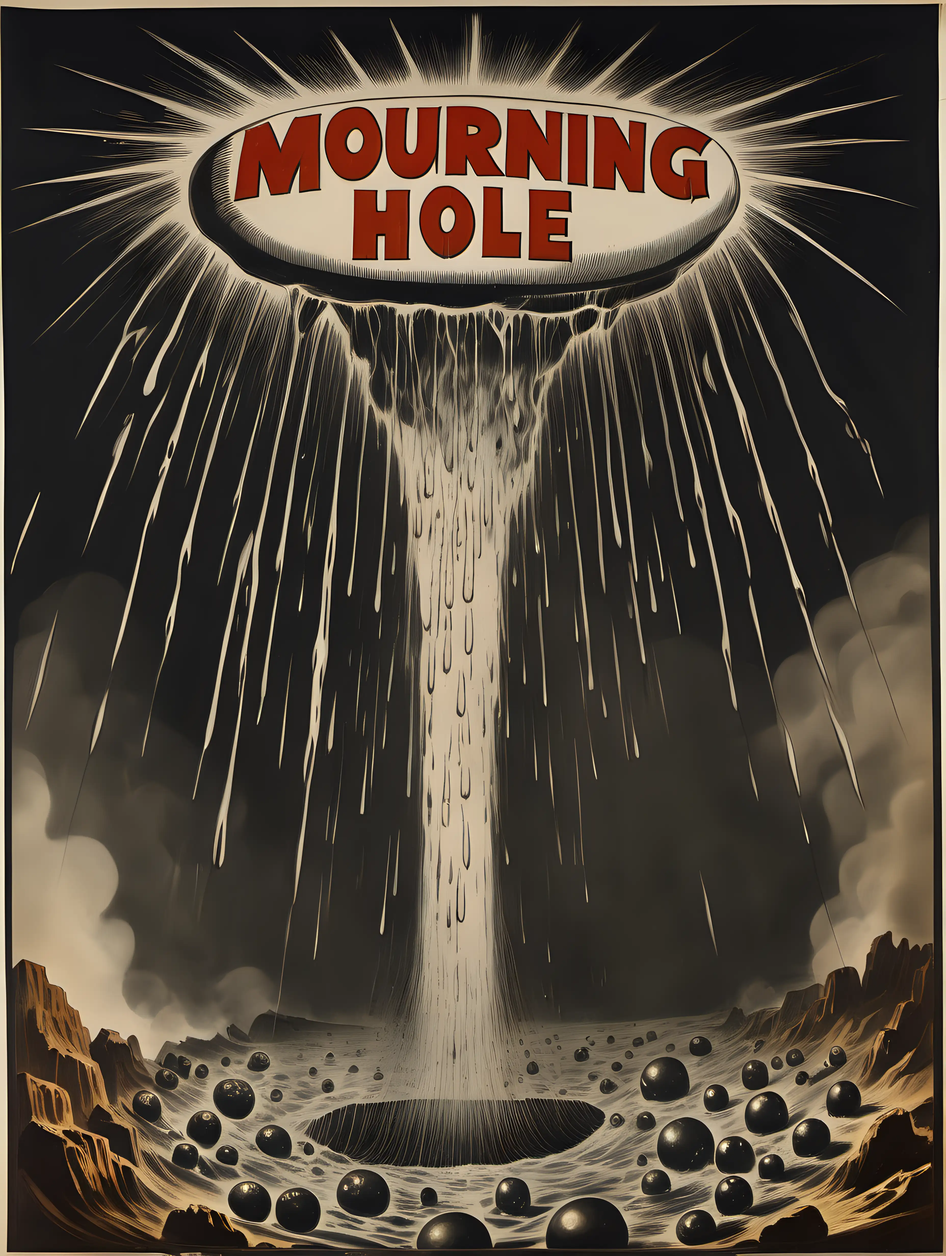 ancient hand painted protest poster, dripping wet, seven different atomic bombs BLASTS, 1860s look, with the text "MOURNING GLORY HOLE" centred in the image, with search lights and glass shrapnel 