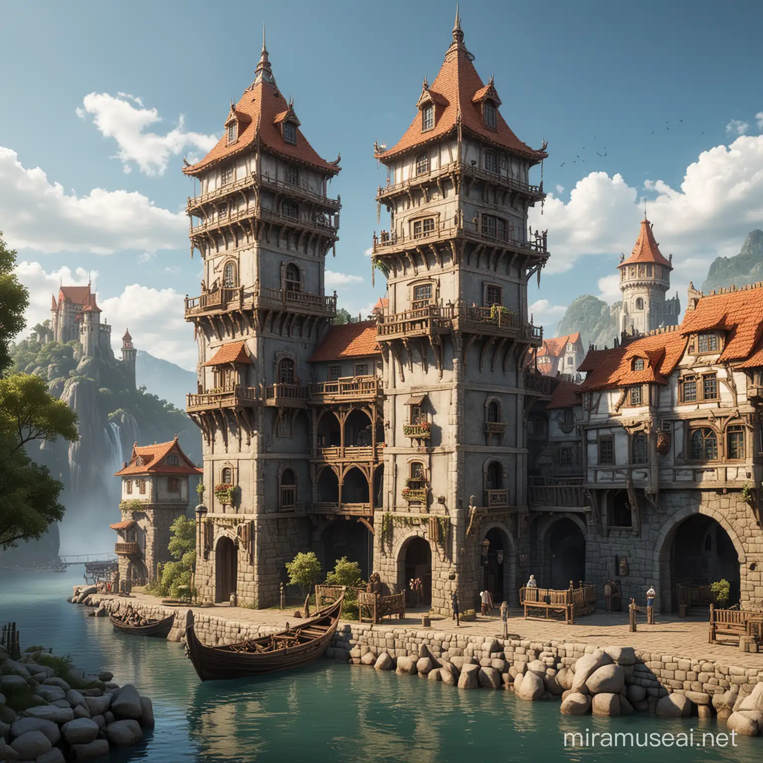 fantasy city river tower