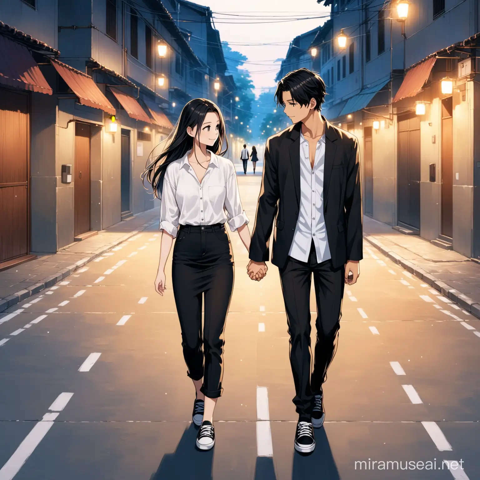 In the very well-lit street, seen from the front, couple in love, walking together, 16 years old, young girl, tender look shy smile, open black linen tailored jacket and low-cut ivory silk shirt and black linen micro skirt and black pumps and her husband, a young man look like Akito from SAO with white shirt and jeans and black sneakers