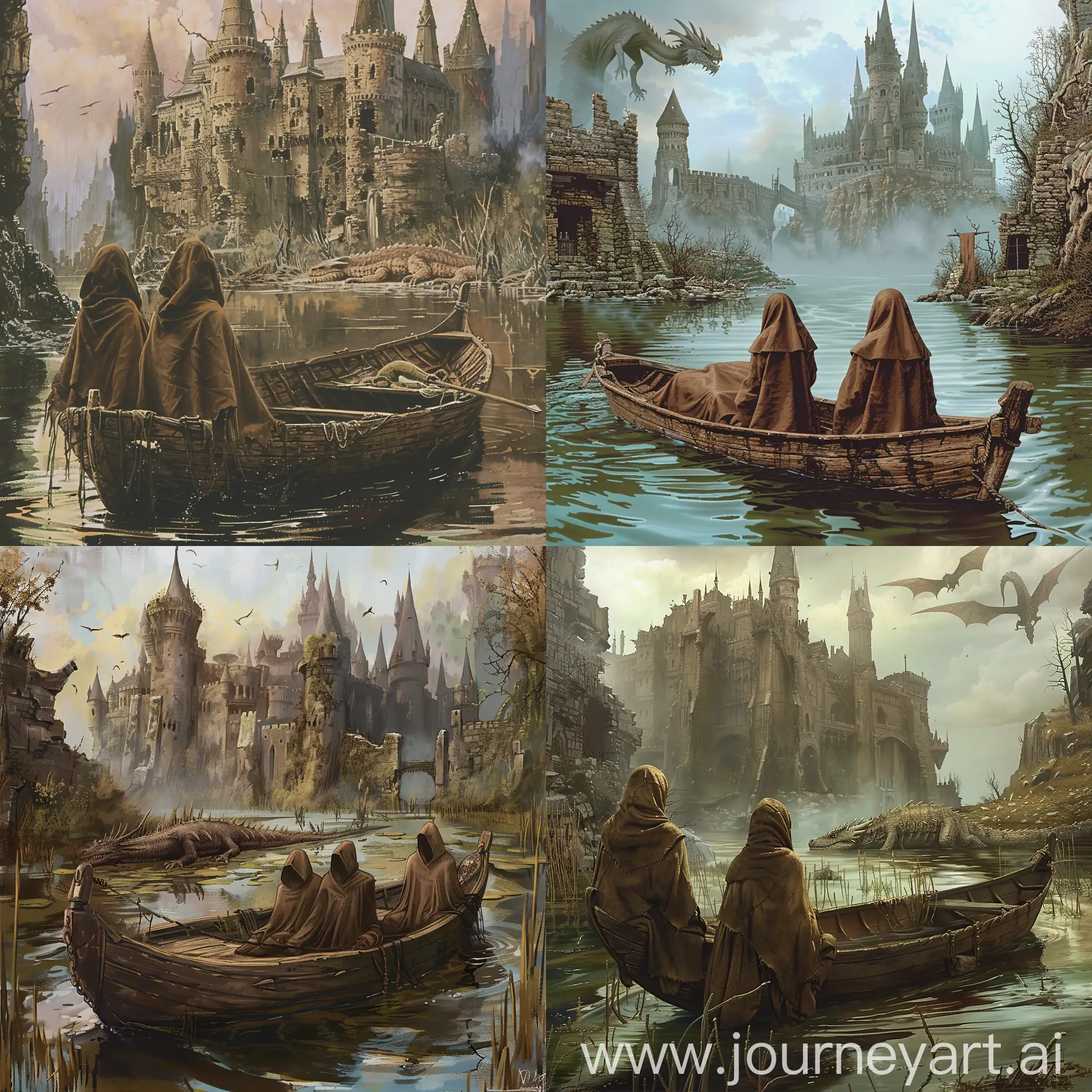 a wooden boat floating of a swamp with two people on it wearing brown coat that cover their faces, at the background is a castle in ruin with a sleeping dragon that is resting his head at the border of the castle