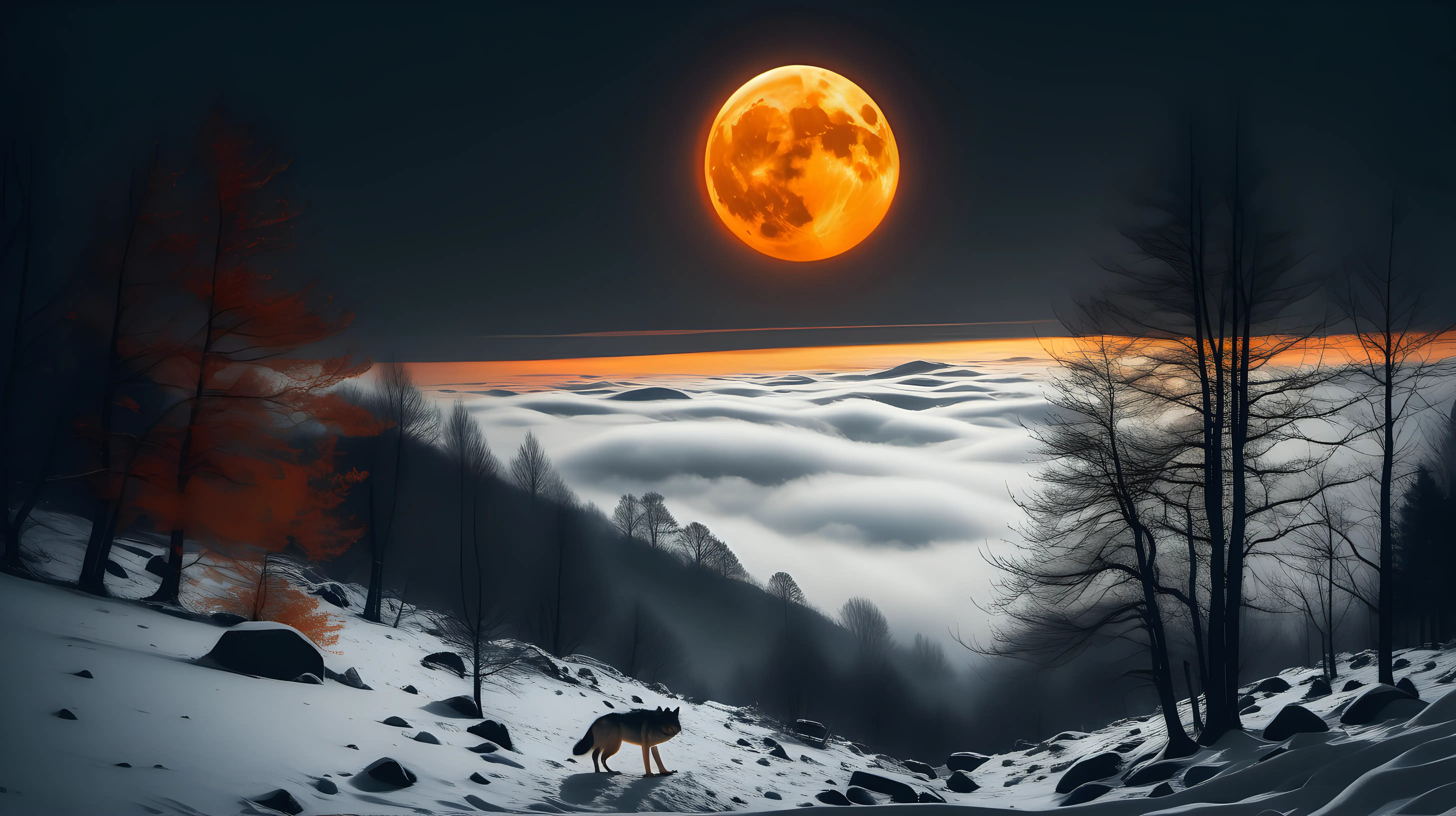Fog in the Mountains in the evening. The orange lights of the sun give a mystical aura to the panoramic view of the Mountains . Along the walkway, there are amazingly beautiful  trees and rocks. It is snowing and the snow glistens discreetly in the light of a fabulous moon that is barely visible through the thick fog. The silhouette of a couple in love can be seen somewhere in the background, discreetly, everything is light and color. An wolf stand in the midle of this. snow, trees and rocks for a magic photographic panorama 