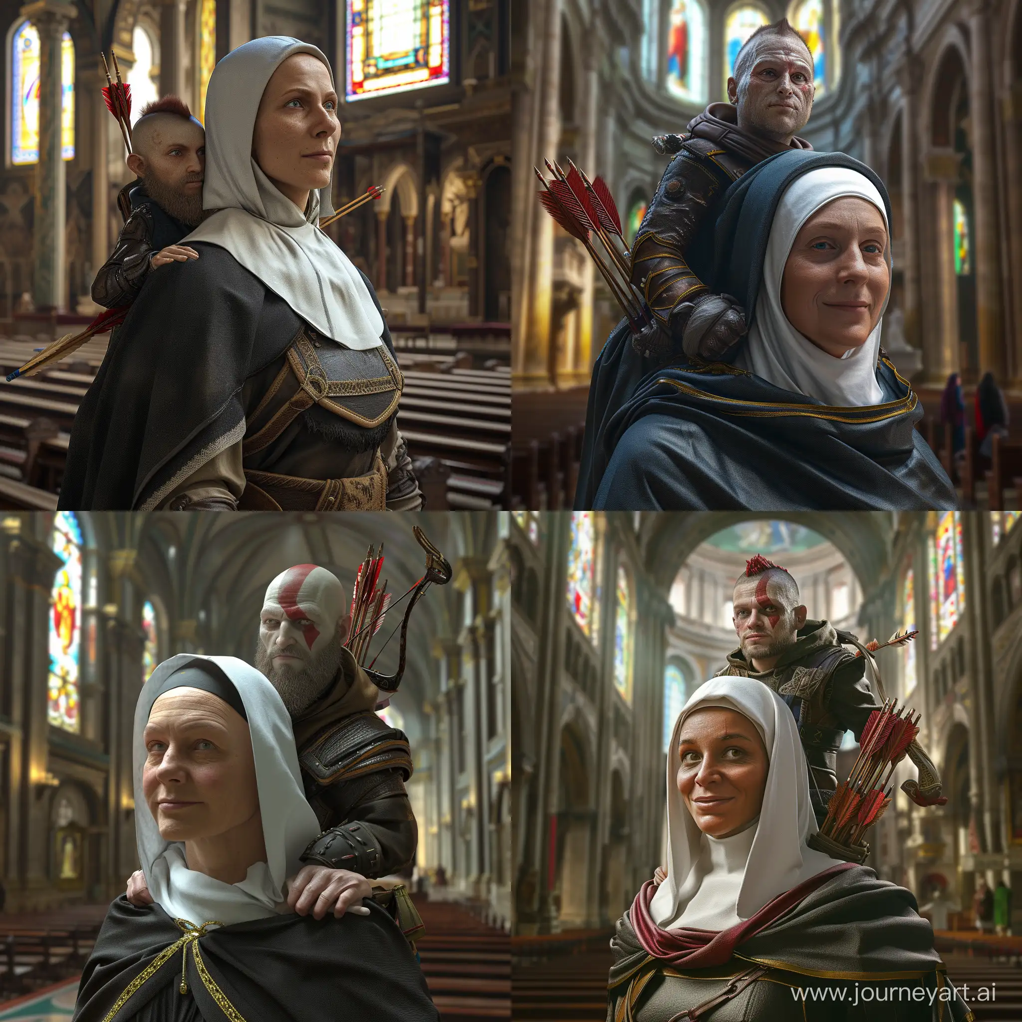 A nun with the face of Ishowspeed and Atreus from the game God of War: Ragnarok sitting on his shoulder are depicted in a highly realistic photographic style, with the scene set in a cathedral in Rome. The nun, embodying Ishowspeed's likeness, wears traditional nun attire and a serene expression on her face. Meanwhile, Atreus, a fictional character from the game, is portrayed as a lifelike figure perched on her shoulder, dressed in his iconic clothing and wielding his bow. The environment is grand and ornate, with stained glass windows casting colorful light into the cathedral and intricate architecture adding to the solemn atmosphere. The art style prioritizes meticulous detail and lifelike rendering, capturing the texture of the nun's habit and the intricate details of Atreus' costume with remarkable authenticity. The camera angle is carefully chosen to capture the scene from a reverent perspective, emphasizing the spiritual significance of the moment. Rendered with high resolution and naturalistic lighting to enhance the realism of the scene.