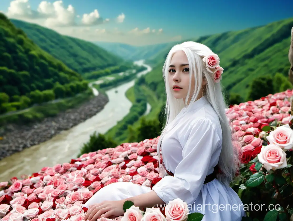 Холмик, цветы, камни, небо, девочка, белые волосы, речка, розы, долина