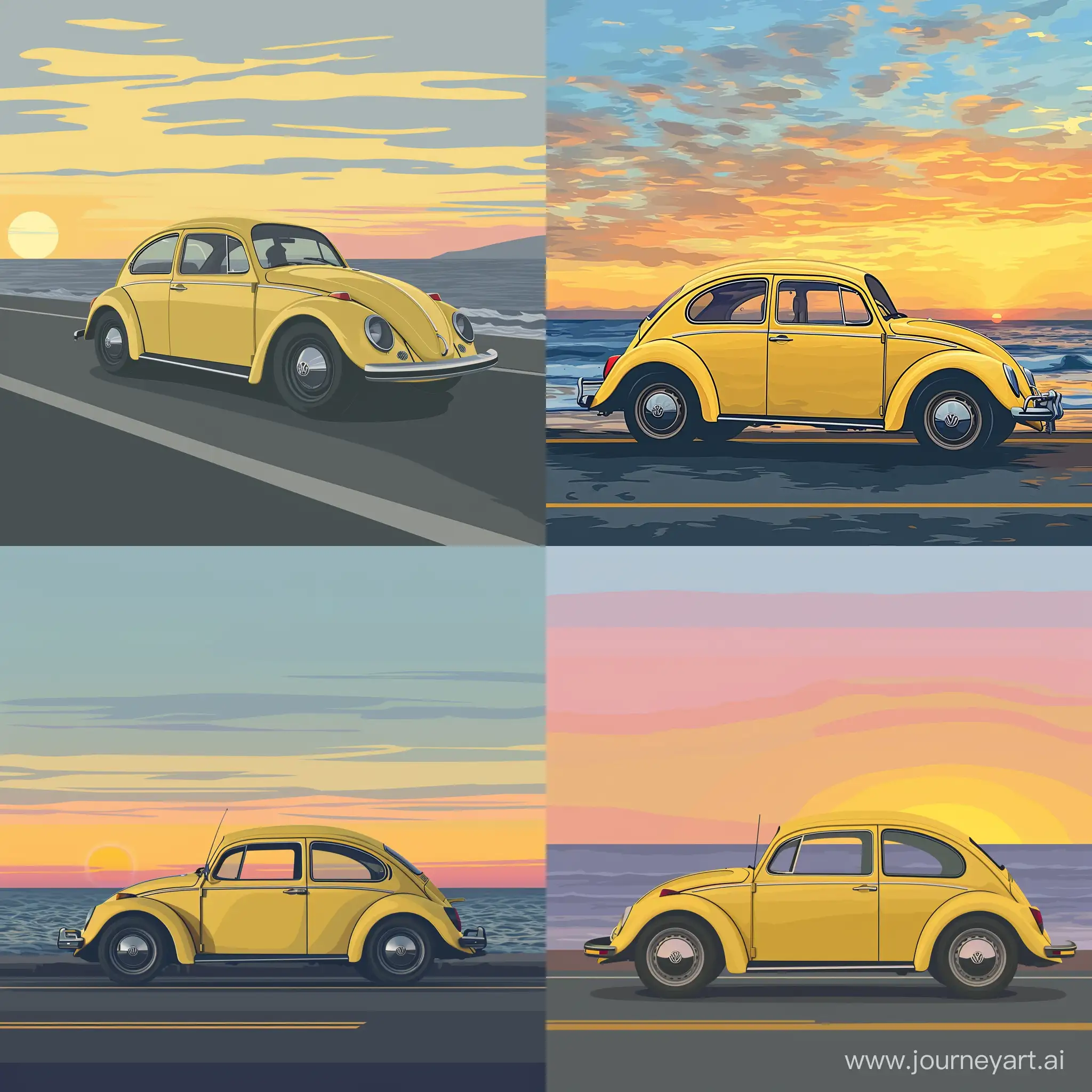 A yellow Volkswagen beetle travelling on the road by the sea, sunset behind,in flat style