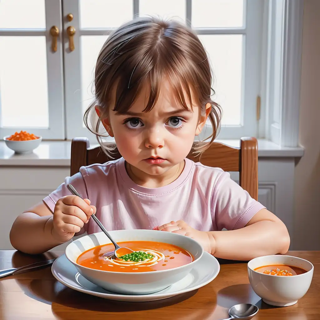 vytvoř obrázek, kdy dítě sedí u stolu a na stole je polévka. Dítě se dívá smutně do talíře a nic nejí. Cítí se naštvaně. Má nechuť, akvarel ilustrace, realistická ilustrace