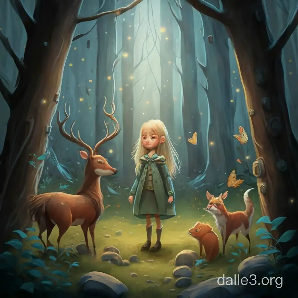 Иллюстрация к сказке про девочку, стоящую в лесу, которая умеет говорить с животными.
