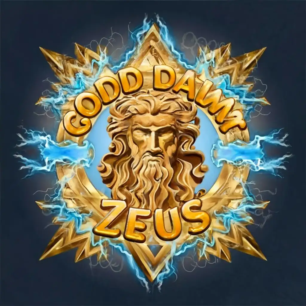 logo, Zeus, lightning, ancient Greek, Gold and blue fire, with the text "GoddammitZeus", typography