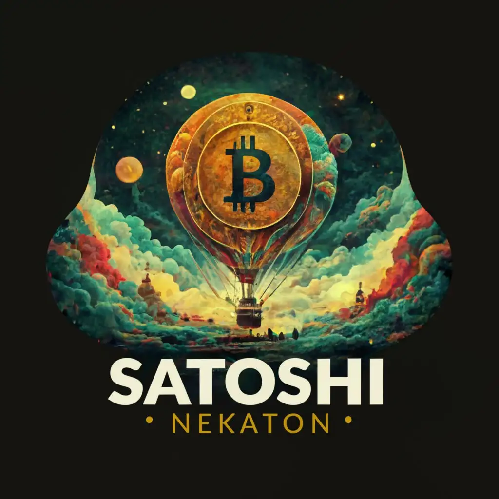 a logo design, with a realistic looking hot air balloon with the original bitcoin symbol on the side of the balloon. Satoshi Nakamoto is in the balloon, since we don't know who that is their face should not be identifiable but we should be able to see them inside the basket. The balloon is floating through the mystical blockchain like a colorful and fun fantasy land,Complex,be used in Technology industry,clear background
